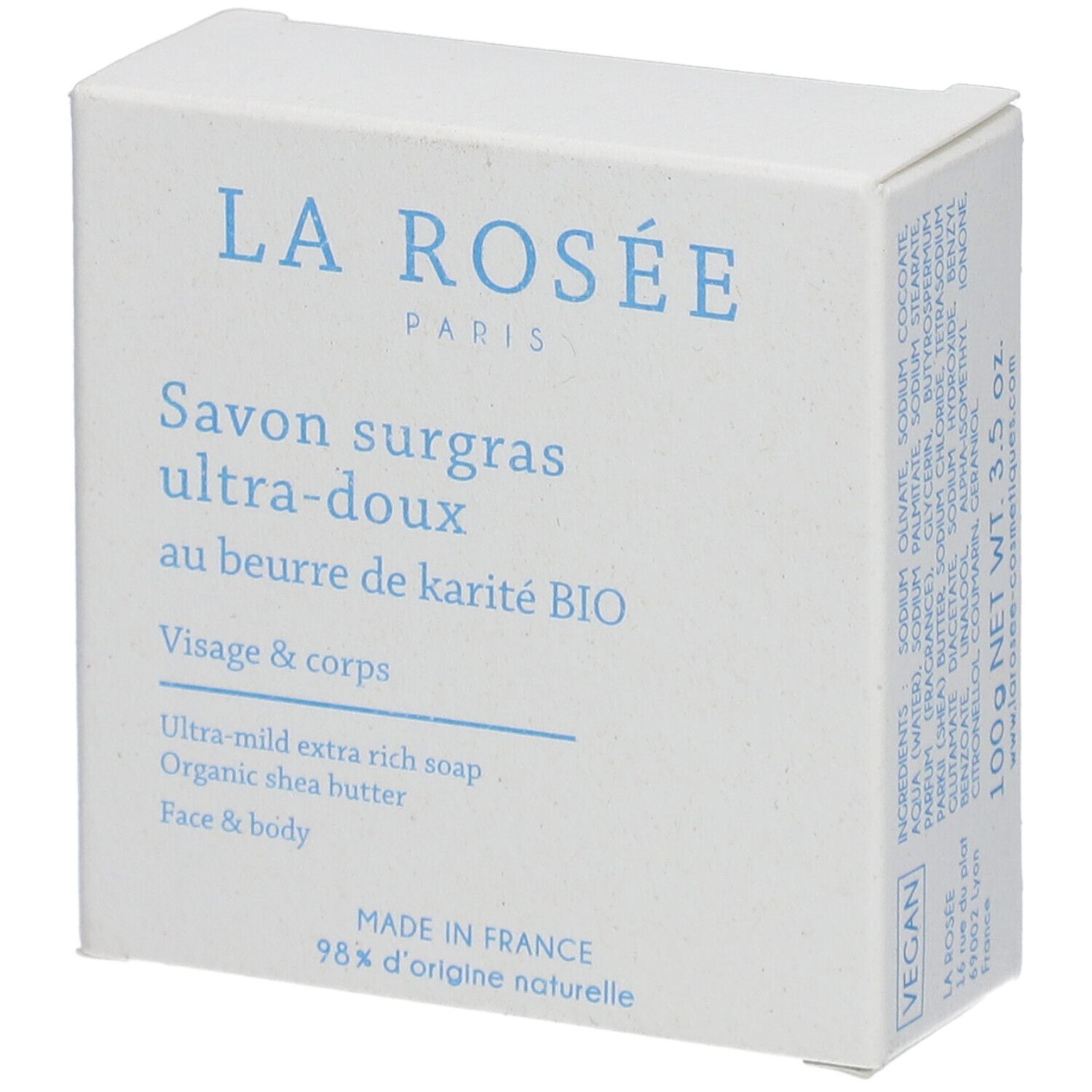 Witte verpakking met blauwe tekst. Bevat 'LA ROSÉE PARIS', 'Savon surgras ultra-doux', 'Visage & corps' en '98% d'origine naturelle'.