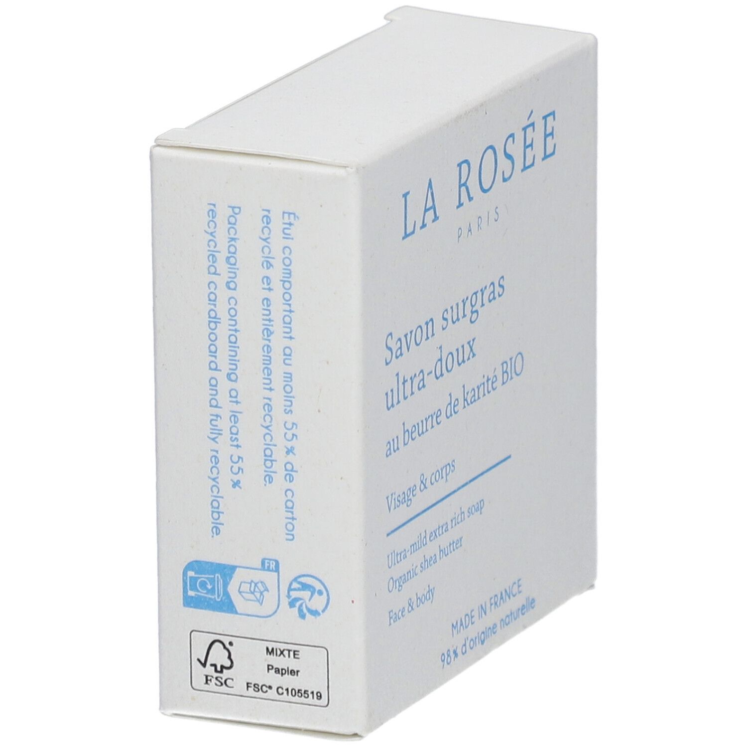 Witte verpakking met blauwe tekst. Bevat 'LA ROSÉE PARIS', 'Savon surgras ultra-doux', 'Visage & corps' en FSC-logo. Tekst: 'recyclé'.