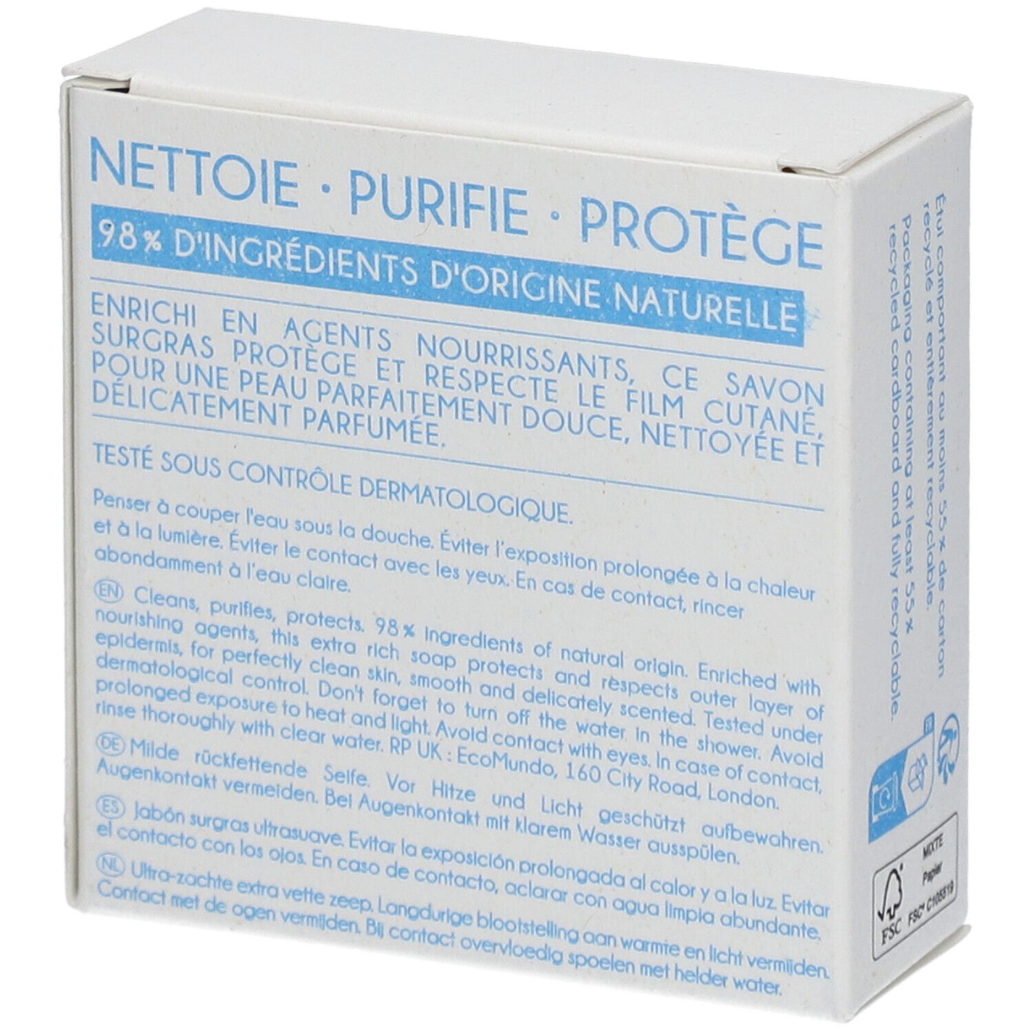 Witte verpakking met blauwe tekst. Bevat tekst over ingrediënten en dermatologische controle. FSC-logo. Tekst: '98% d'ingrédients d'origine naturelle'.