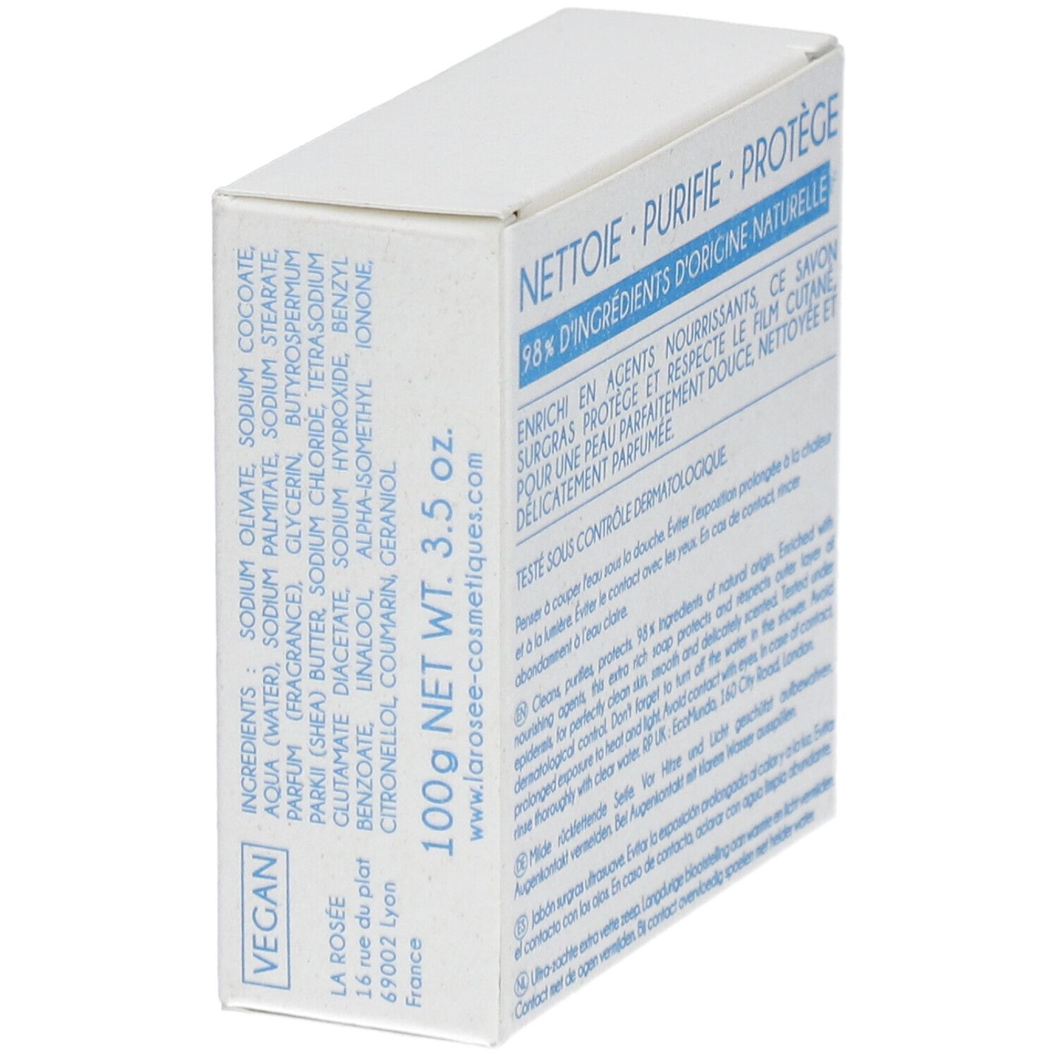Witte verpakking met blauwe tekst. Bevat ingrediënten, '100g NET WT 3.5 oz.' en 'VEGAN'. Adres: 'LA ROSÉE'.