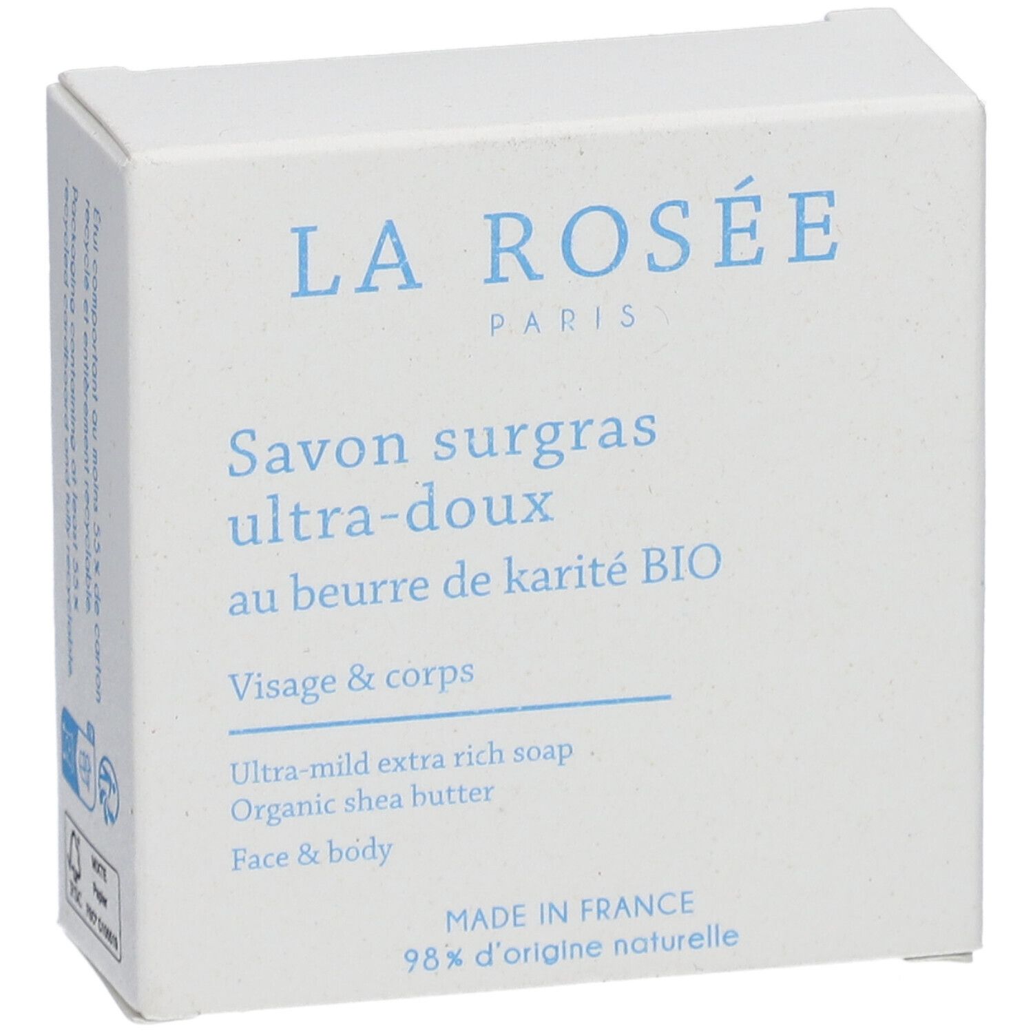 Witte verpakking met blauwe tekst. Bevat 'LA ROSÉE PARIS', 'Savon surgras ultra-doux', 'Visage & corps' en FSC-logo.