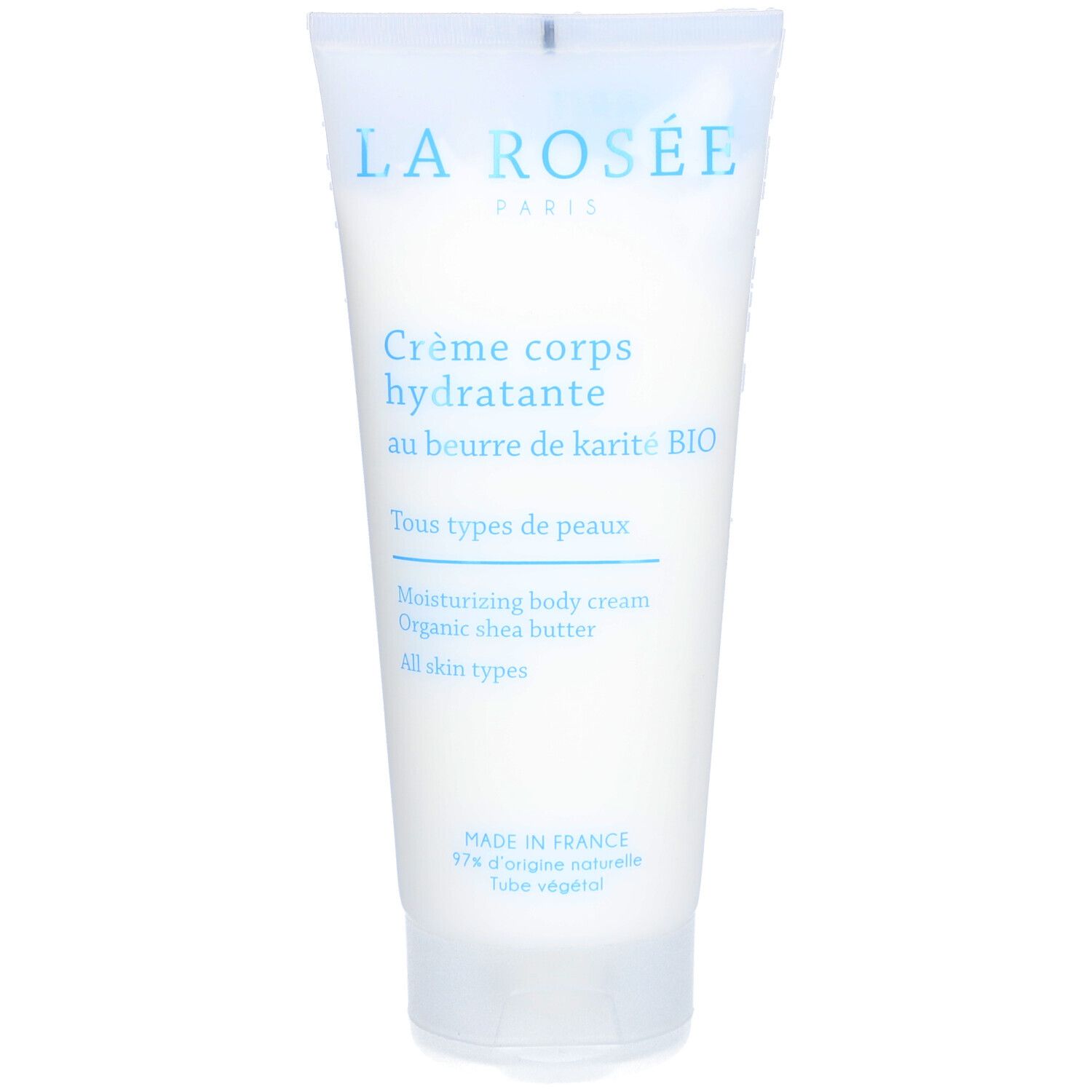 Witte tube met blauwe dop. Opschrift: LA ROSÉE, Crème corps hydratante, au beurre de karité BIO. Voor alle huidtypes.