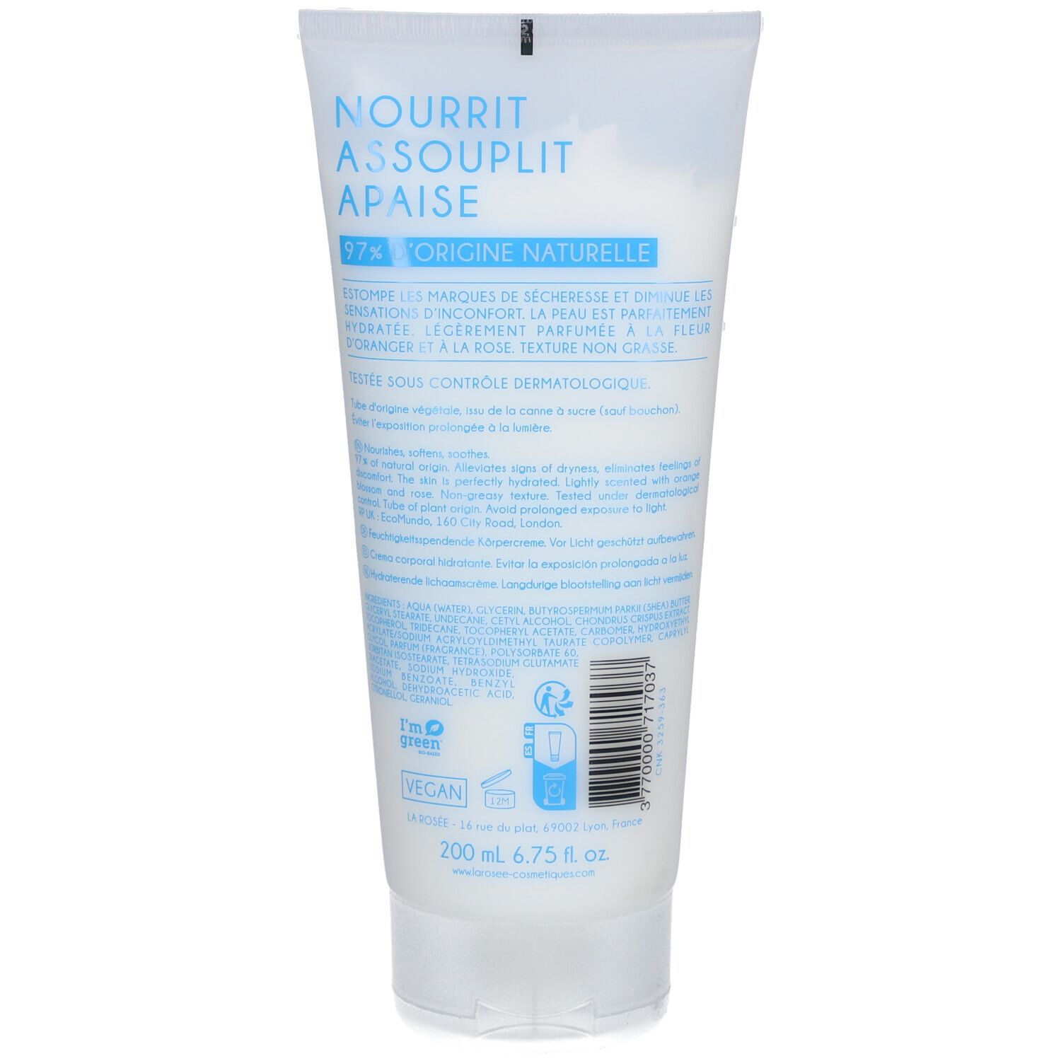 Achterkant van de tube. Tekst: Nourrit, assouplit, apaise. 97% origine naturelle. Vegan logo. 200 ml.