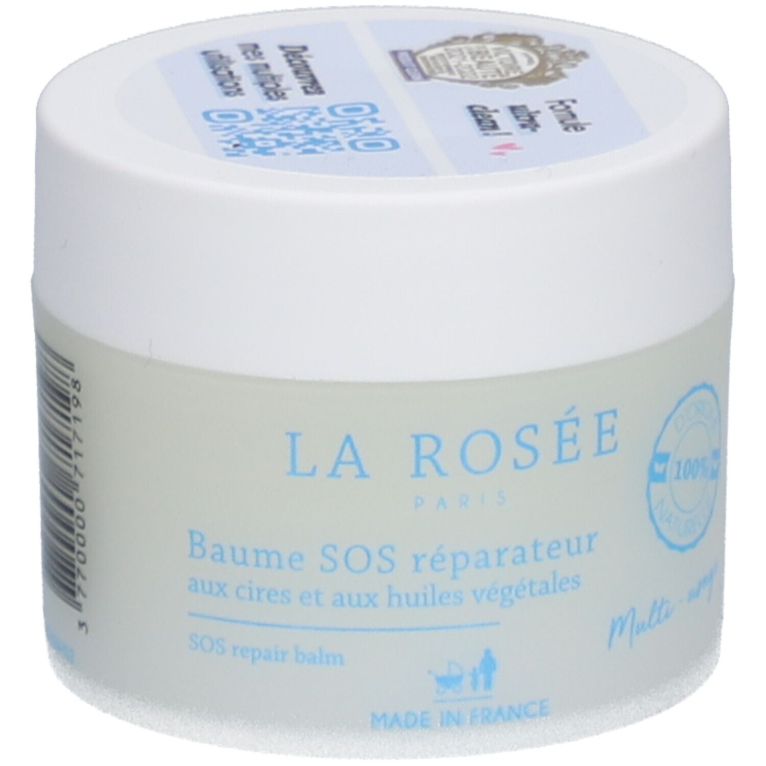 Ronde pot met witte deksel. Opschrift: LA ROSÉE, Baume SOS réparateur. Blauwe tekst op lichtblauwe achtergrond. 100% naturelle.