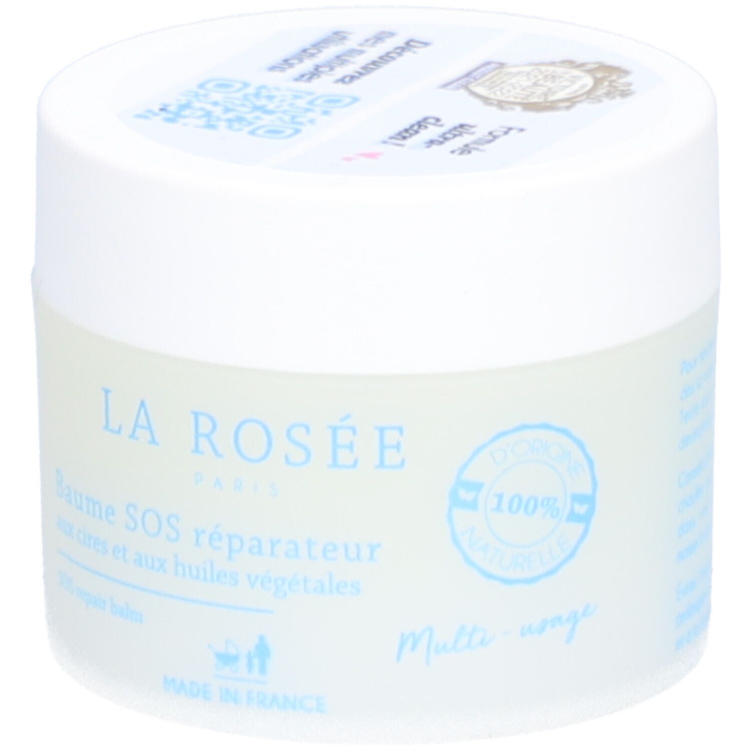 Ronde pot met witte deksel. Opschrift: LA ROSÉE, Baume SOS réparateur. Blauwe tekst op lichtblauwe achtergrond. 100% naturelle.