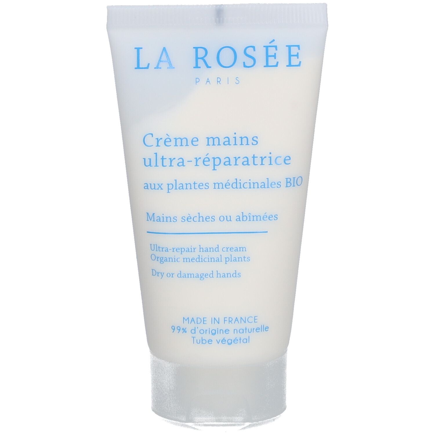 Tube de crème La Rosée. Inscription : Crème mains ultra-réparatrice aux plantes médicinales BIO. Pour mains sèches.