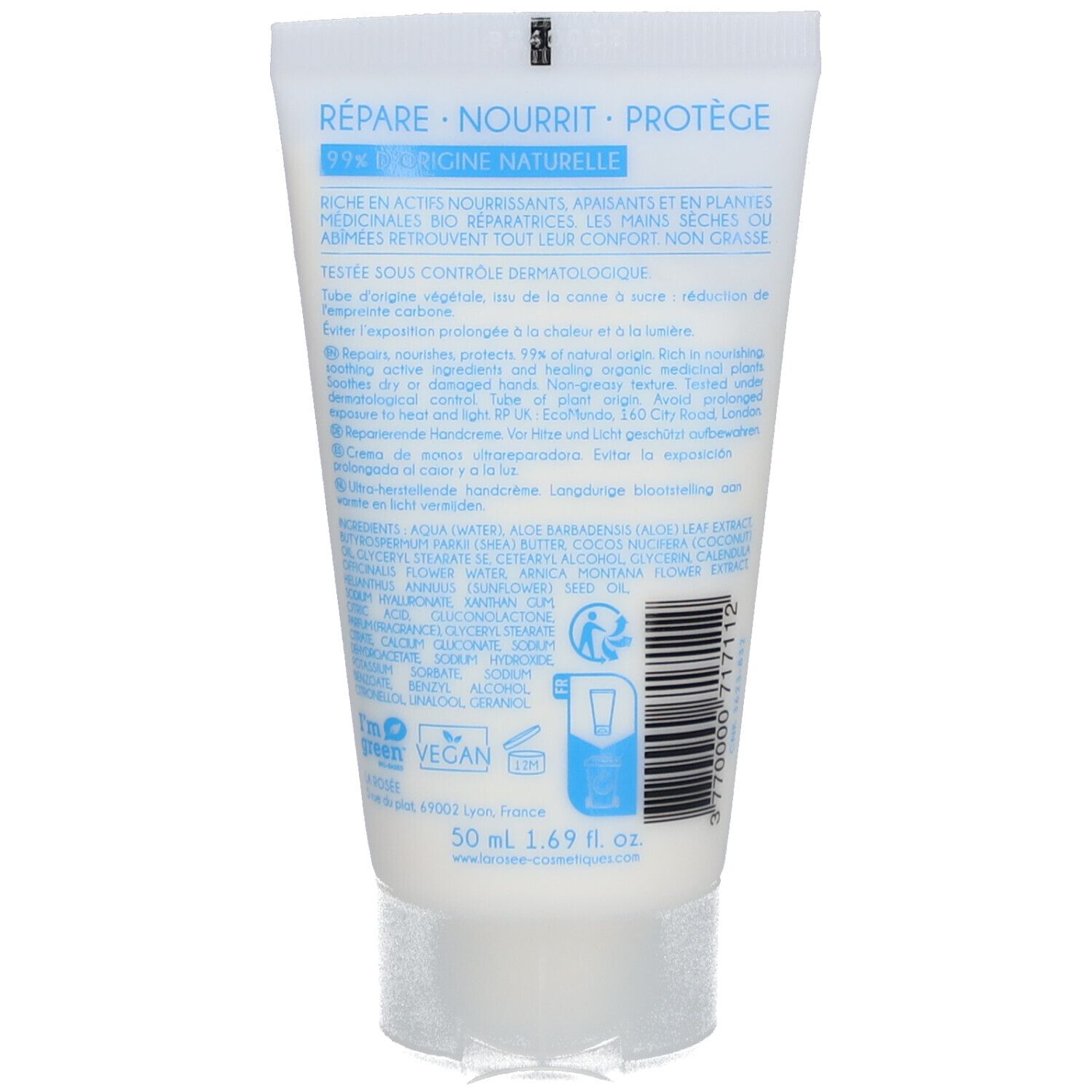Dos du tube de crème. Texte : Répare, Nourrit, Protège. 99% d'ingrédients d'origine naturelle. Logo Vegan. 50 ml.