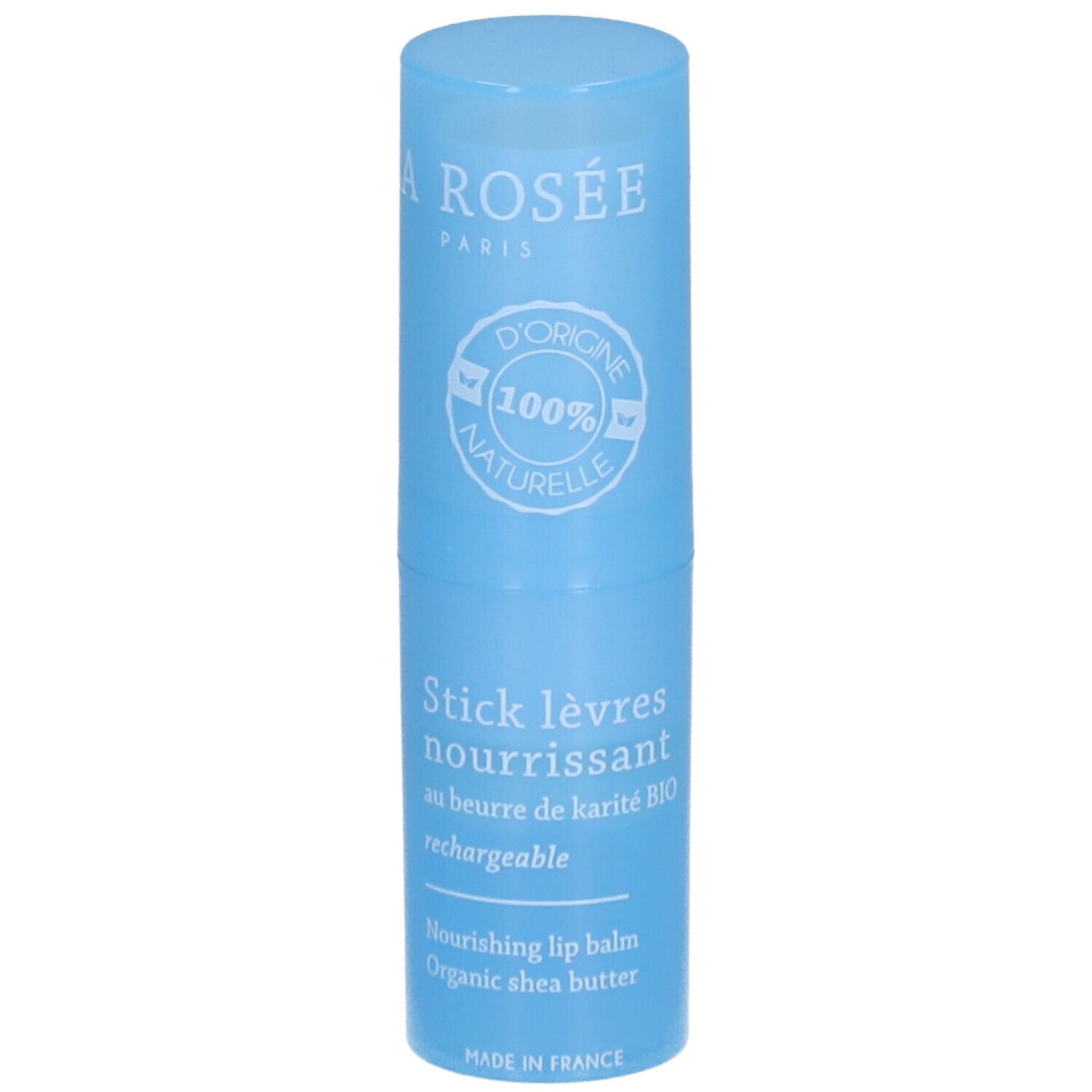 Blauwe lippenbalsem. Witte tekst: LA ROSÉE, Stick lèvres nourrissant, au beurre de karité BIO. 100% naturelle.