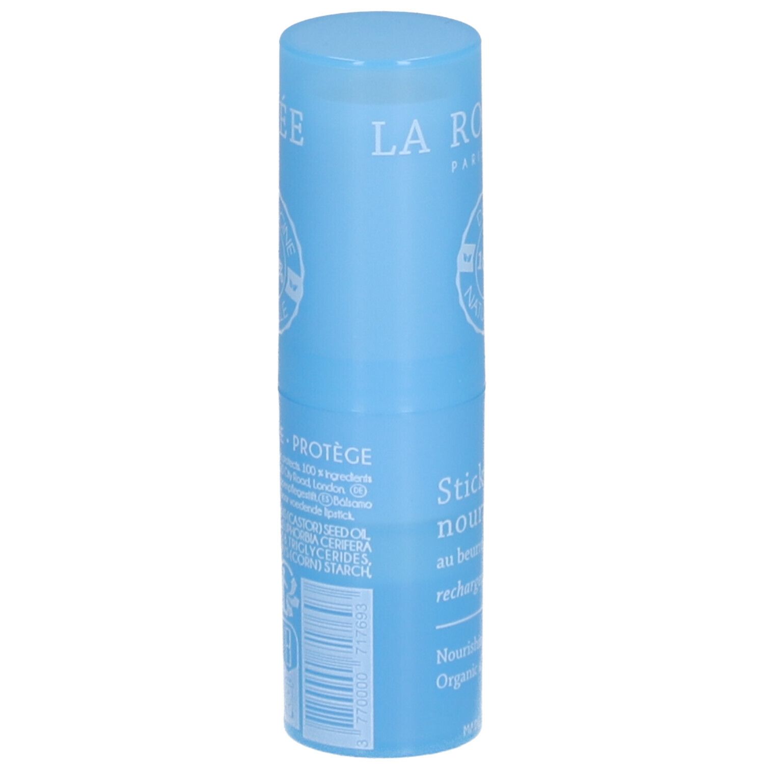 Blauwe lippenbalsem. Tekst: LA ROSÉE, Stick lèvres nourrissant, au beurre de karité BIO. Met ingrediënten en barcode.