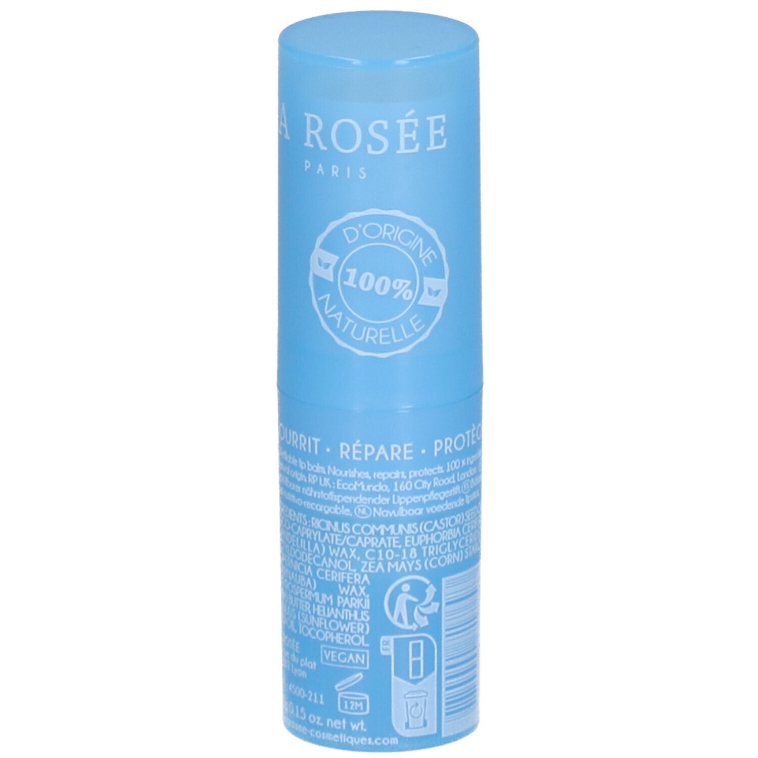 Blauwe lippenbalsem. Tekst: LA ROSÉE, Stick lèvres nourrissant, au beurre de karité BIO. Met ingrediënten en vegan logo.