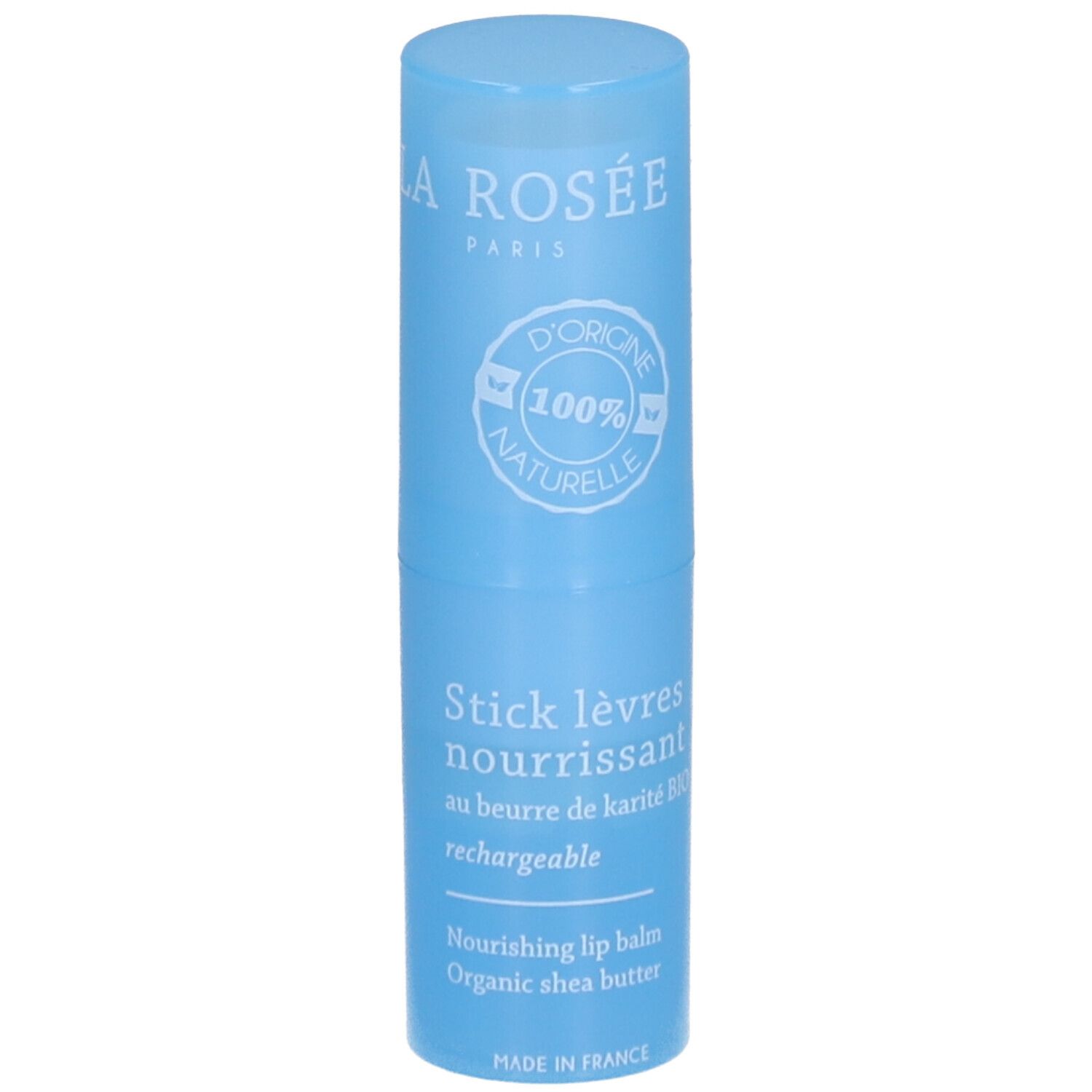 Blauwe lippenbalsem. Witte tekst: LA ROSÉE, Stick lèvres nourrissant, au beurre de karité BIO. 100% naturelle.
