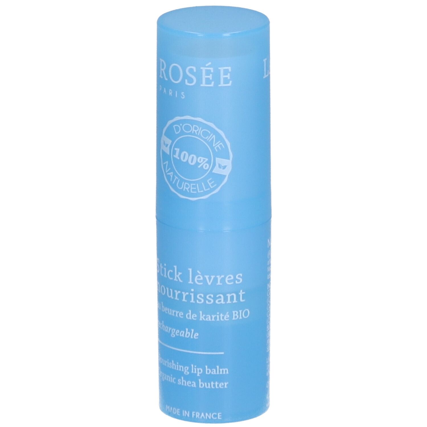 Blauwe lippenbalsem. Witte tekst: LA ROSÉE, Stick lèvres nourrissant, au beurre de karité BIO. 100% naturelle.
