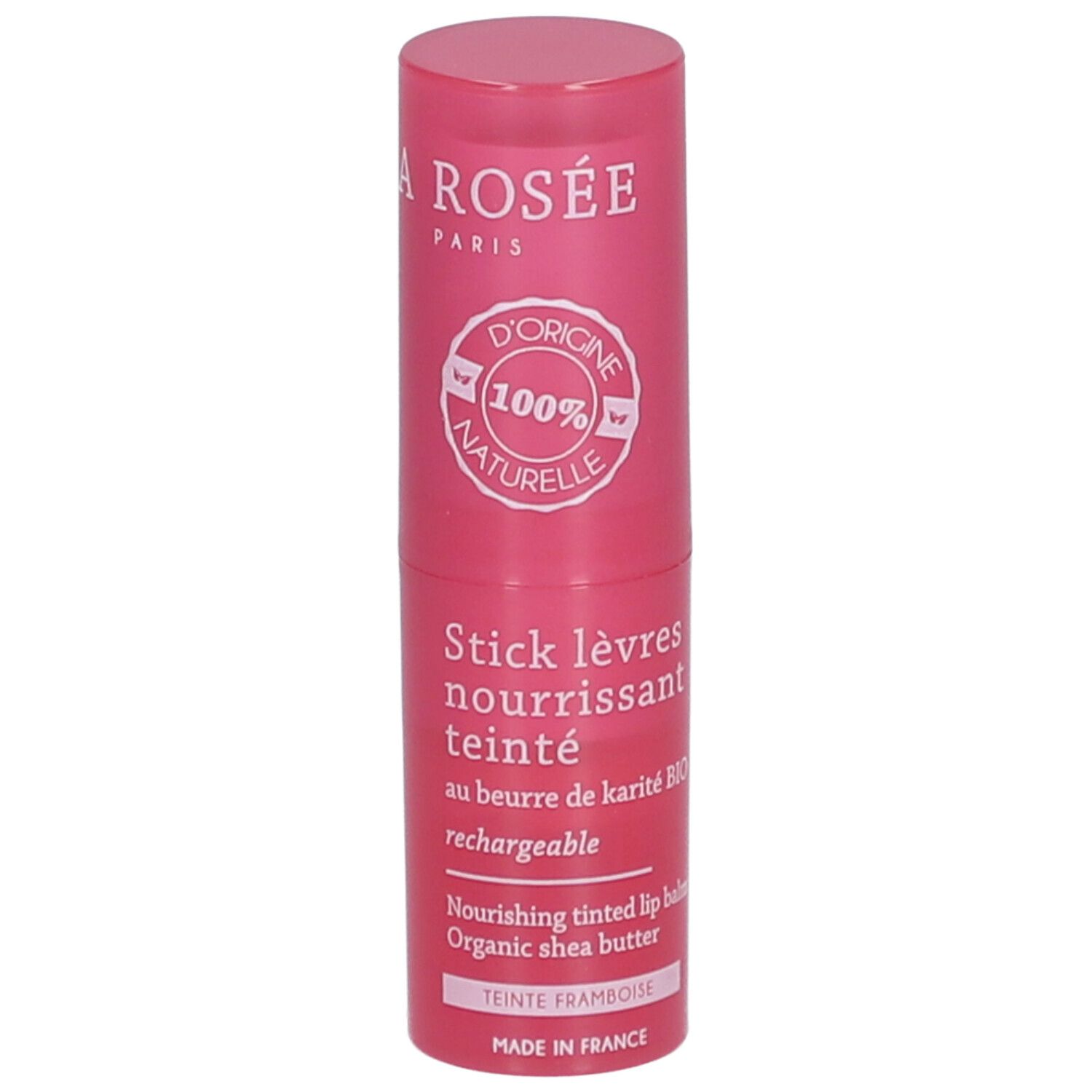 Stick lèvres teinté LA ROSÉE, rose. Ingrédients naturels. Beurre de karité BIO. Teinte framboise. Rechargeable.