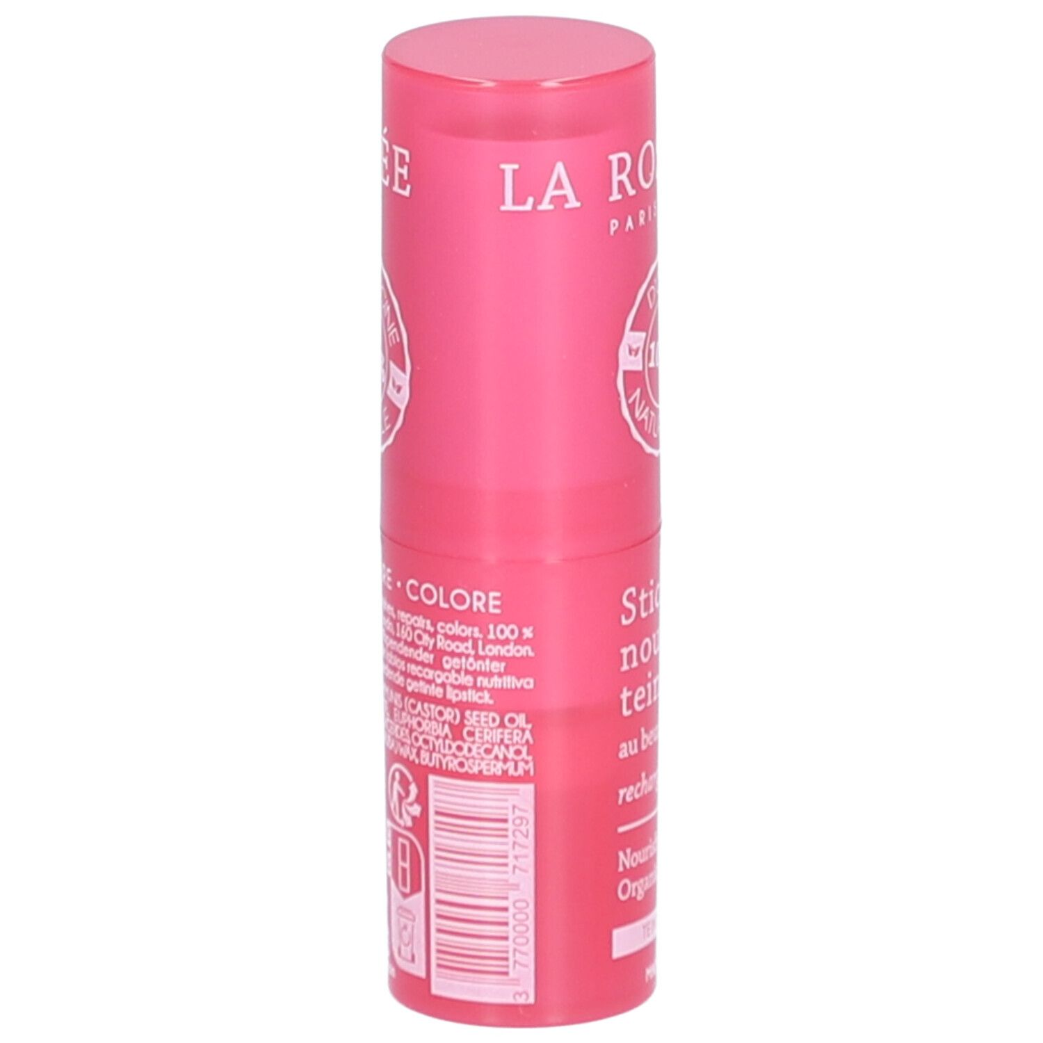 Dos du stick lèvres LA ROSÉE rose. Ingrédients, informations. 'Teinte framboise'. Rechargeable.