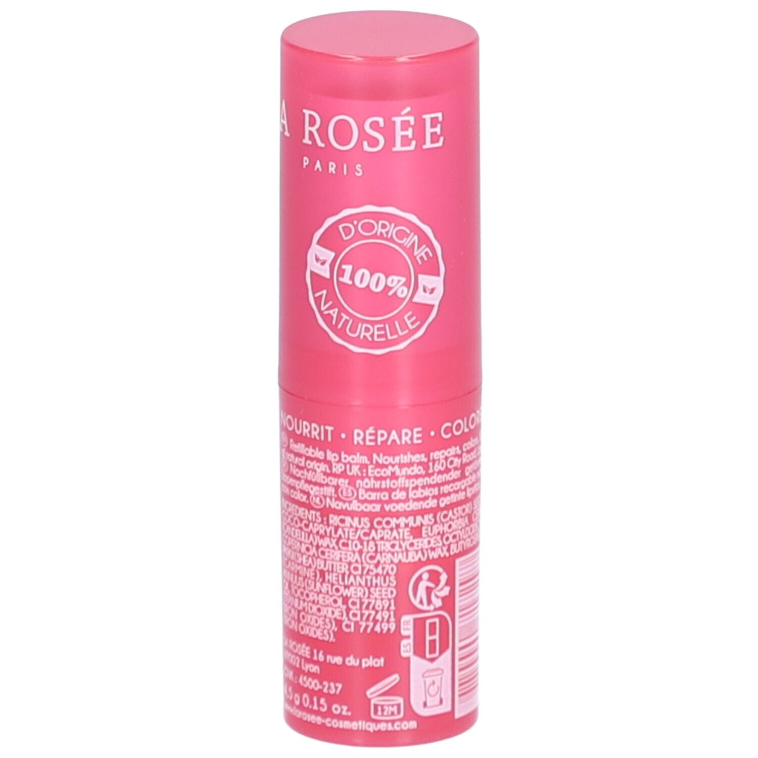 Dos du stick lèvres LA ROSÉE rose. Ingrédients, adresse, certification. Rechargeable.