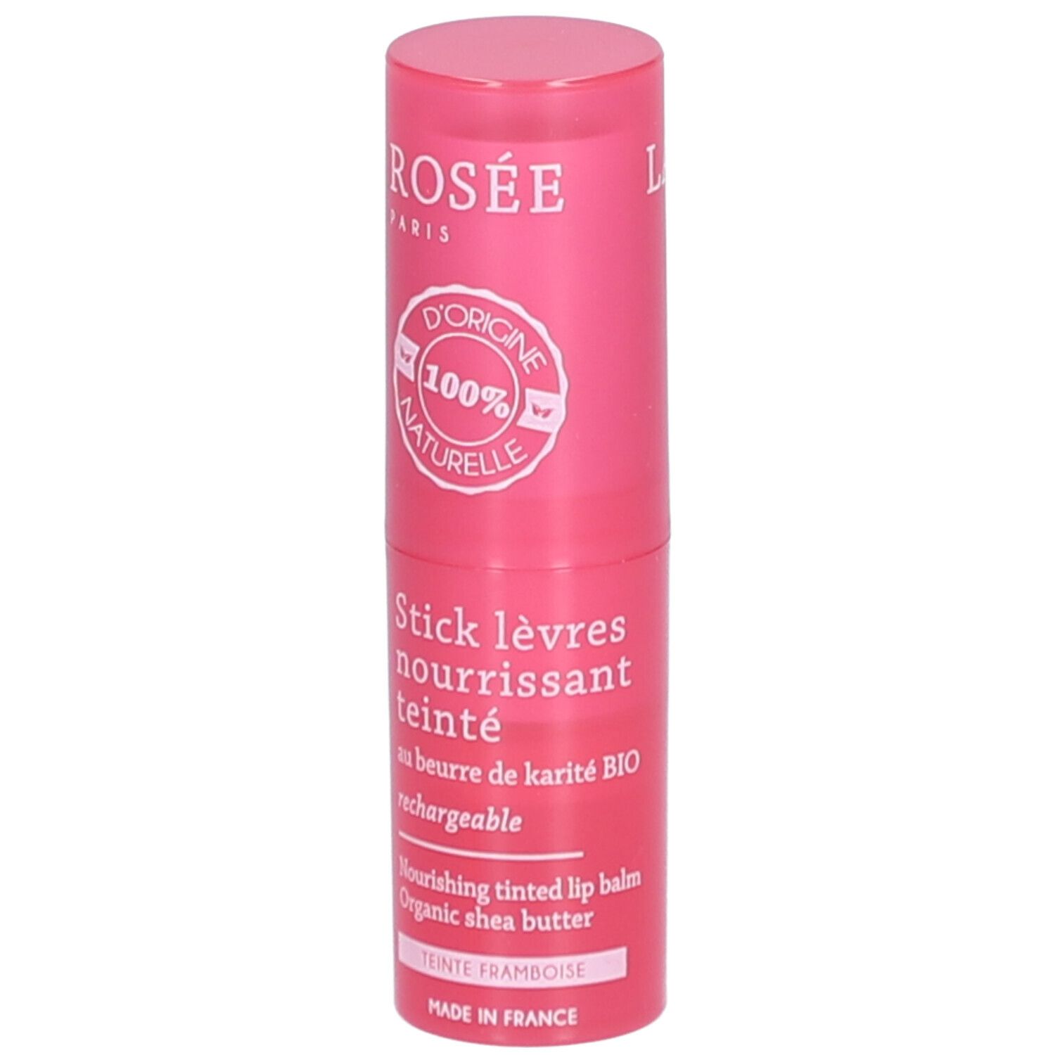 Stick lèvres teinté LA ROSÉE, rose. Ingrédients naturels. Beurre de karité BIO. Teinte framboise. Rechargeable.
