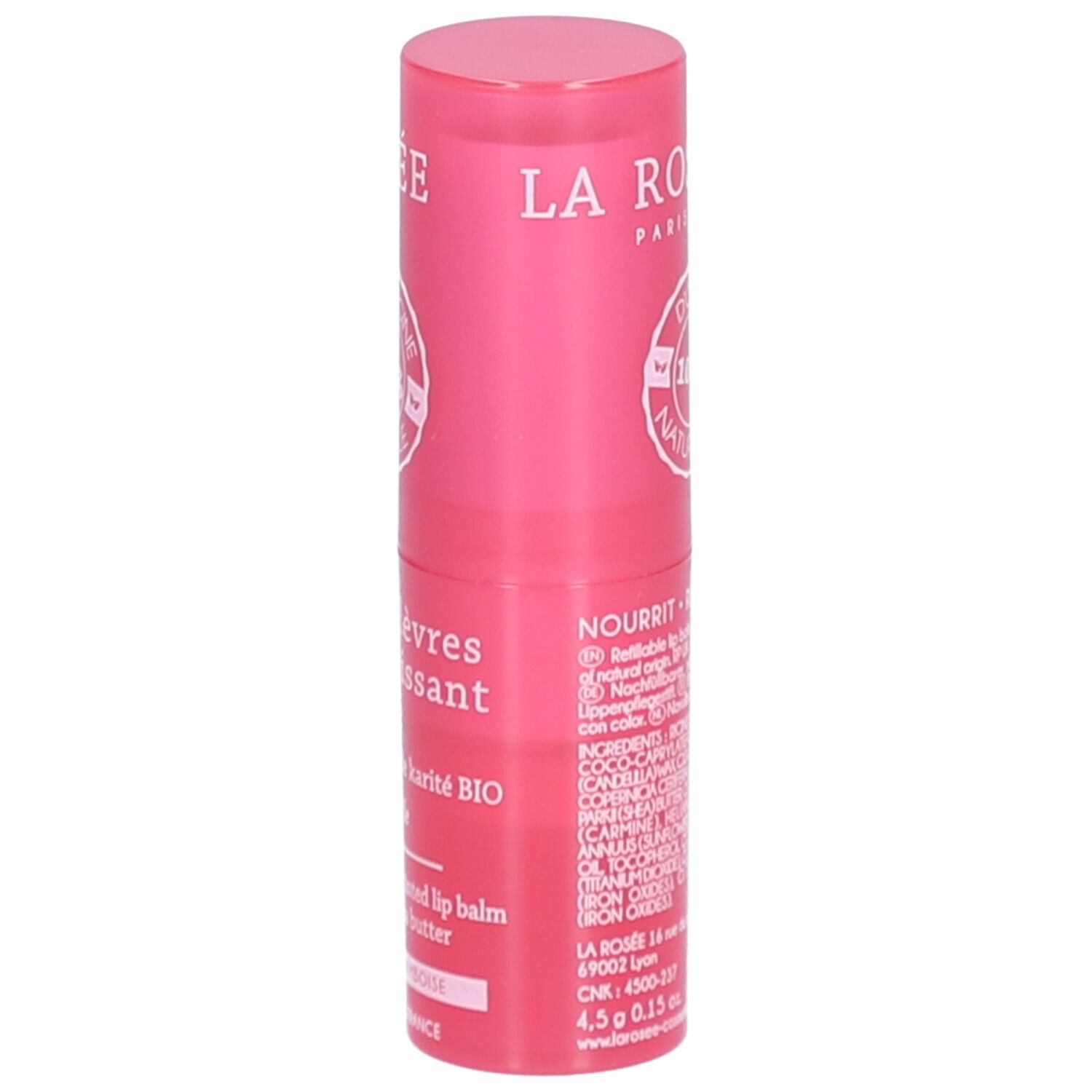 Stick lèvres LA ROSÉE rose. Beurre de karité BIO. 'Teinte framboise'. Ingrédients et informations.