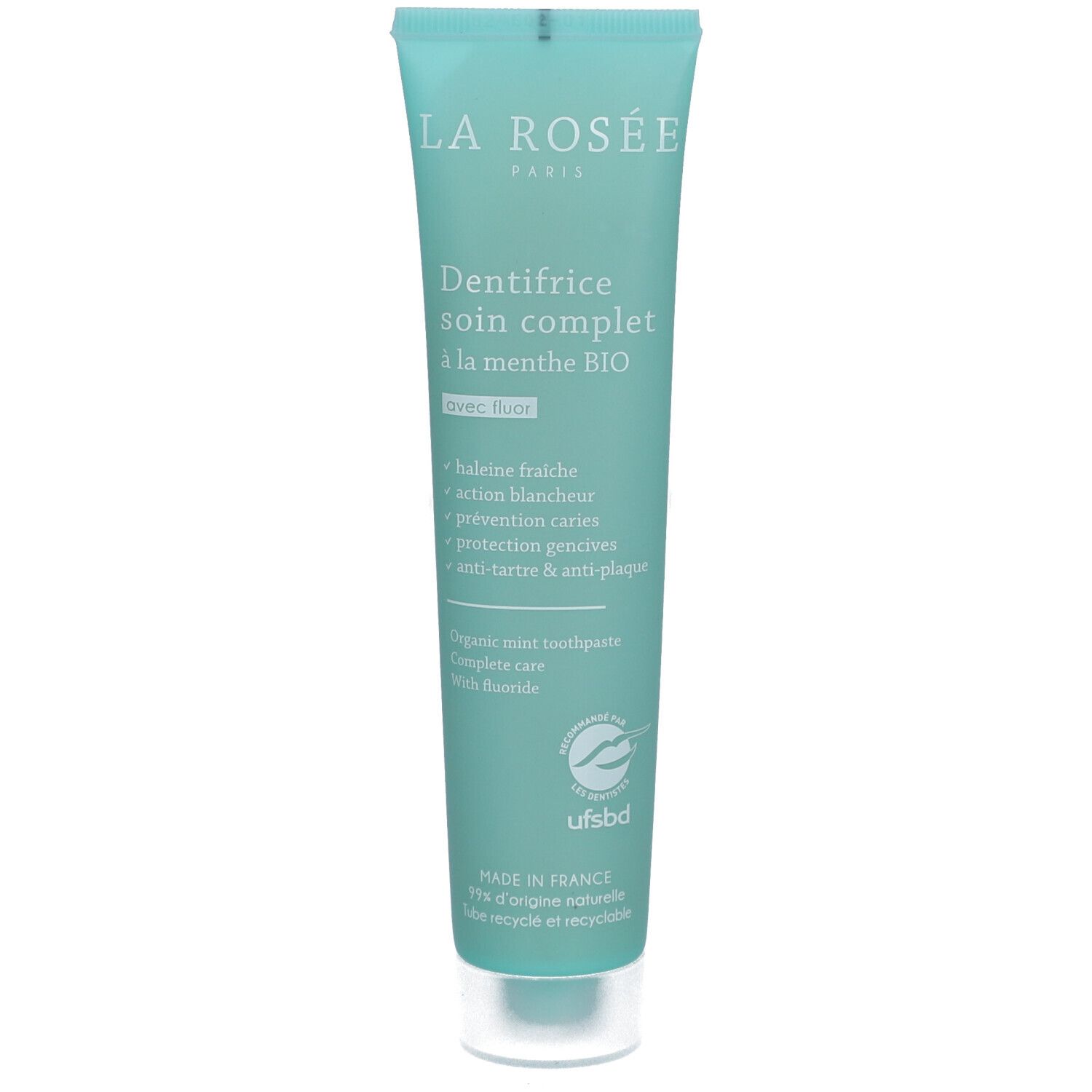 Turquoise tandpastatube met tekst LA ROSÉE. Bevat: Dentifrice soin complet à la menthe BIO. UFSBD-label.