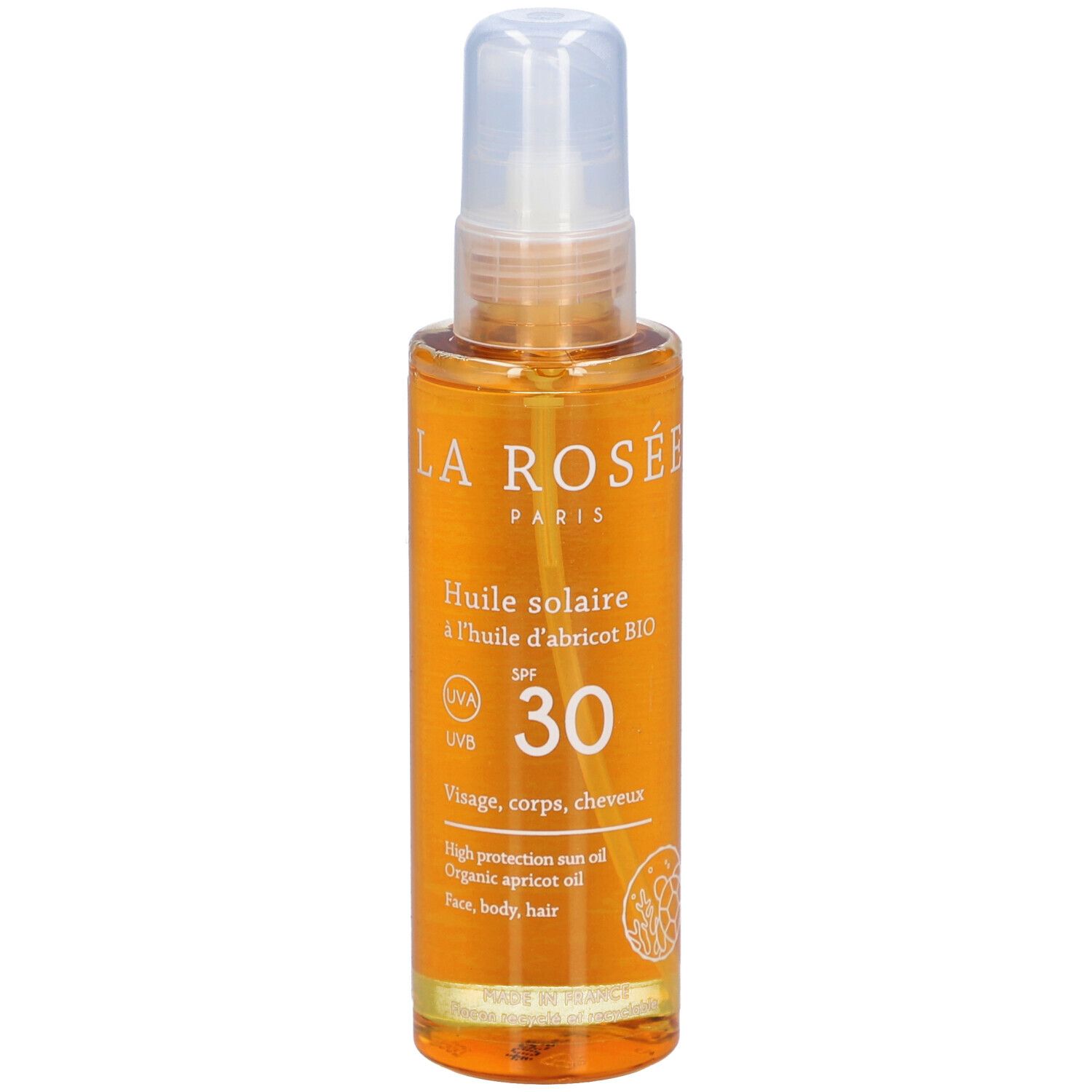 Zonne-olie sprayfles met SPF 30. Opschrift: LA ROSÉE, Huile solaire à l'huile d'abricot BIO. Voor gezicht, lichaam, haar.