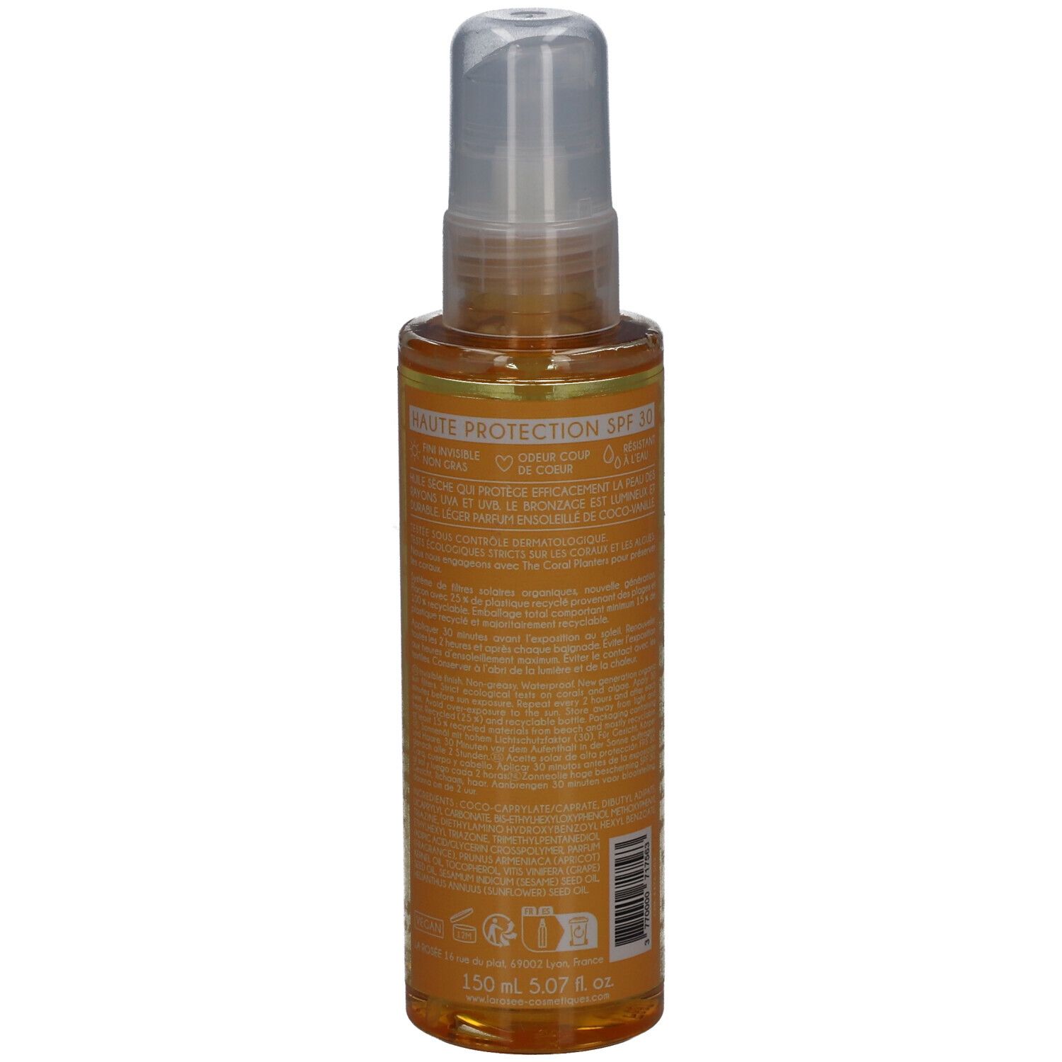 Achteraanzicht van de zonne-olie sprayfles. Tekstinformatie en barcode. Volume: 150 ml.