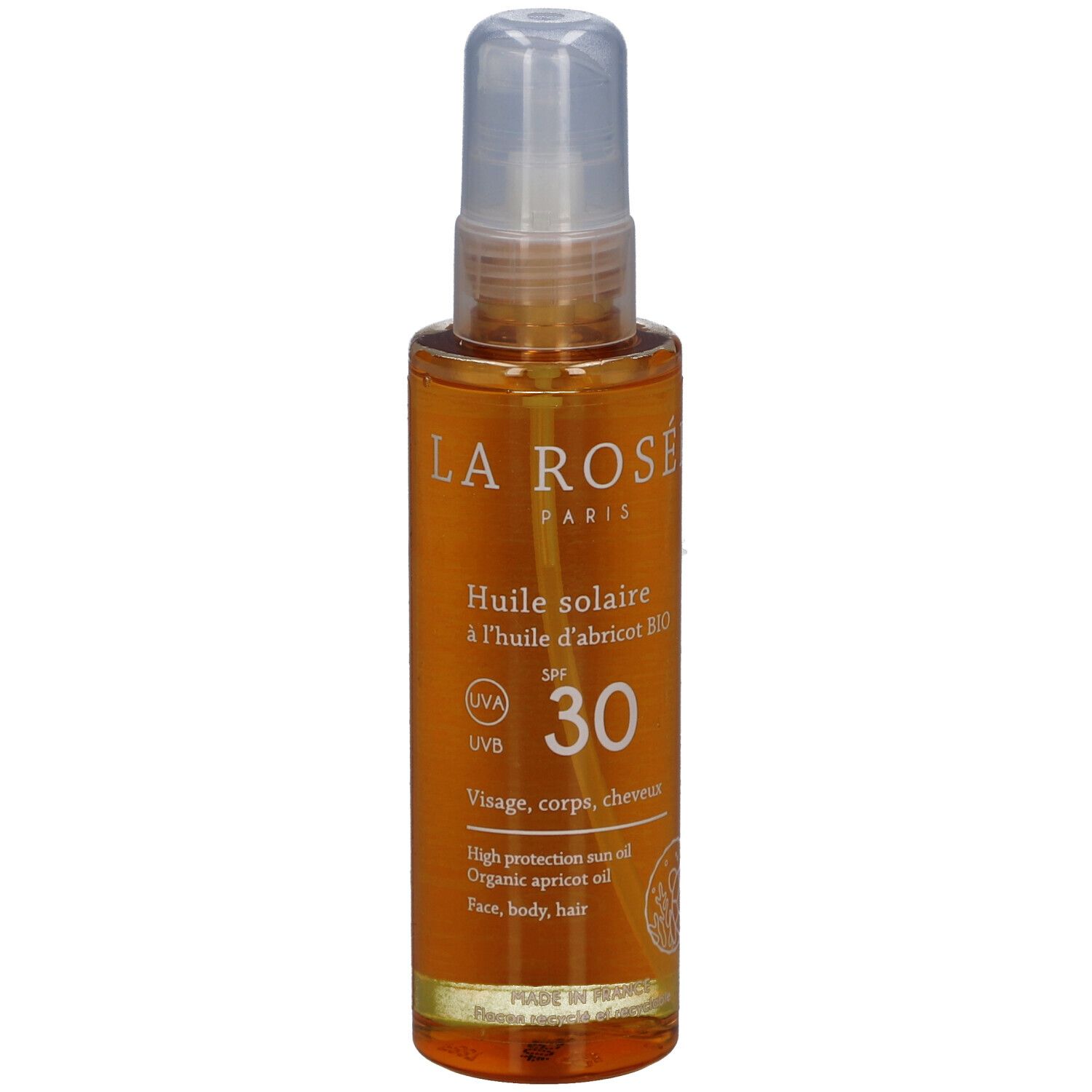 Zonne-olie sprayfles met SPF 30. Opschrift: LA ROSÉE, Huile solaire à l'huile d'abricot BIO. Gemaakt in Frankrijk.