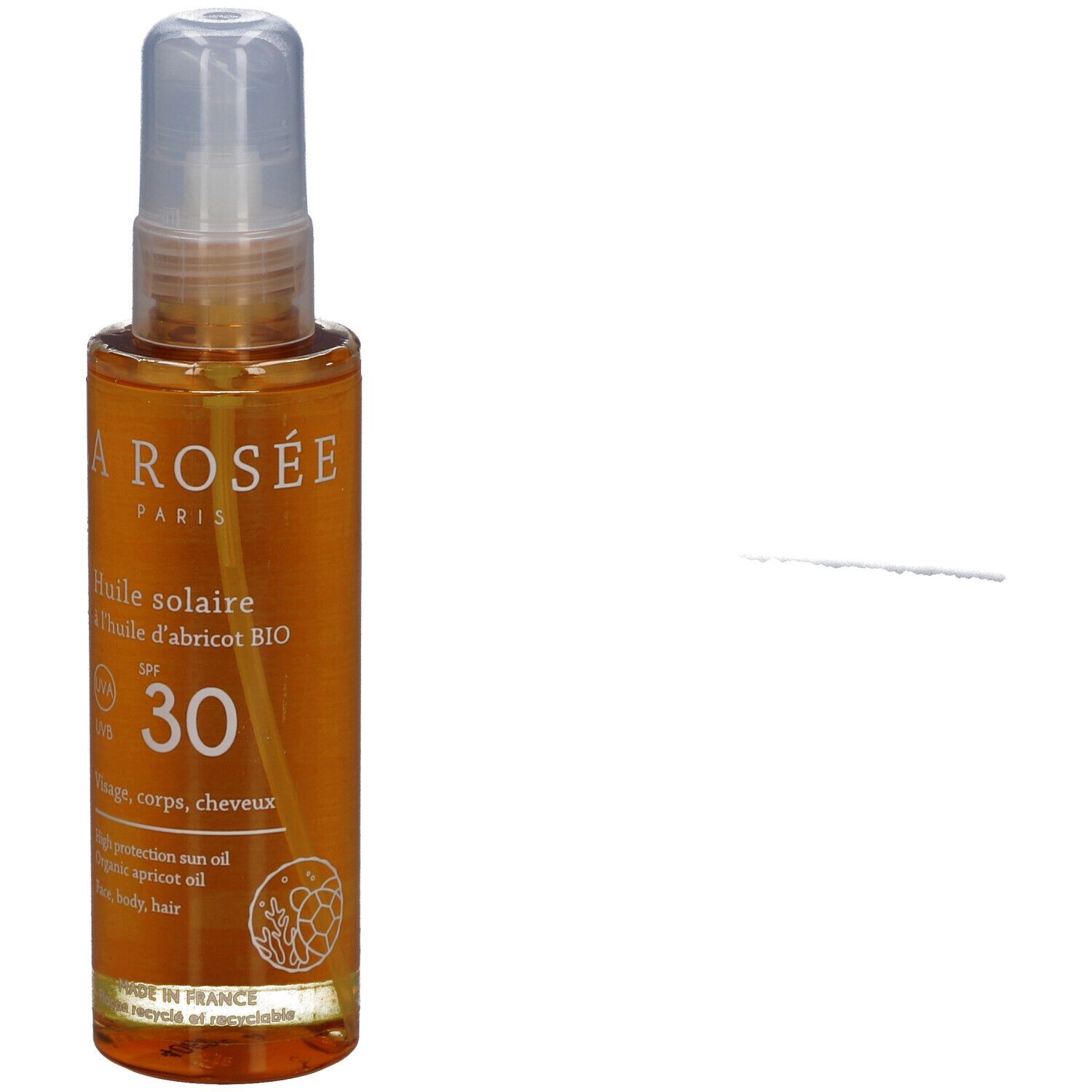 Zonne-olie sprayfles met SPF 30. Opschrift: LA ROSÉE, Huile solaire à l'huile d'abricot BIO. Voor gezicht, lichaam, haar.