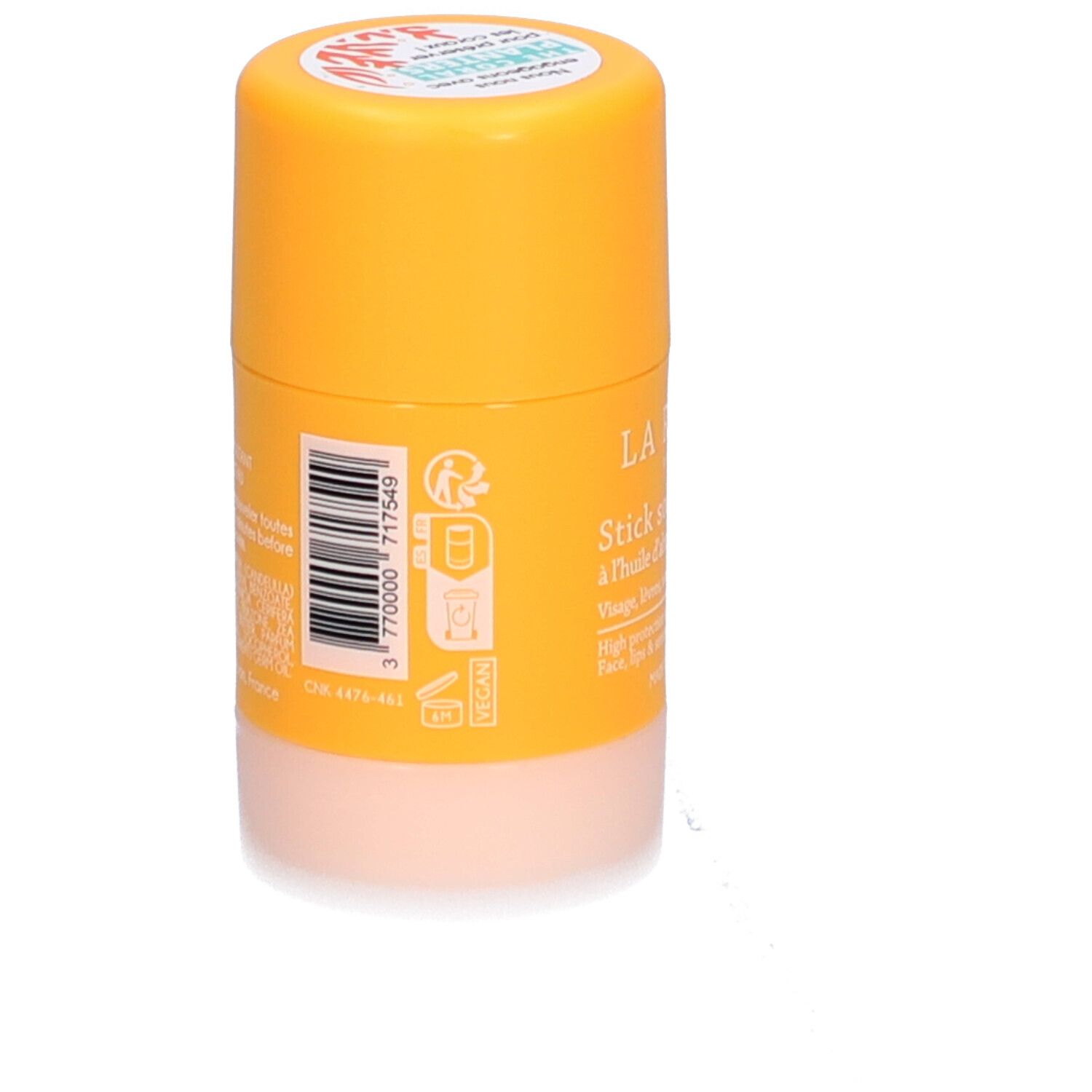 Stick solaire La Rosée SPF 50. Bâton jaune avec base blanche. Code-barres et logo Vegan.