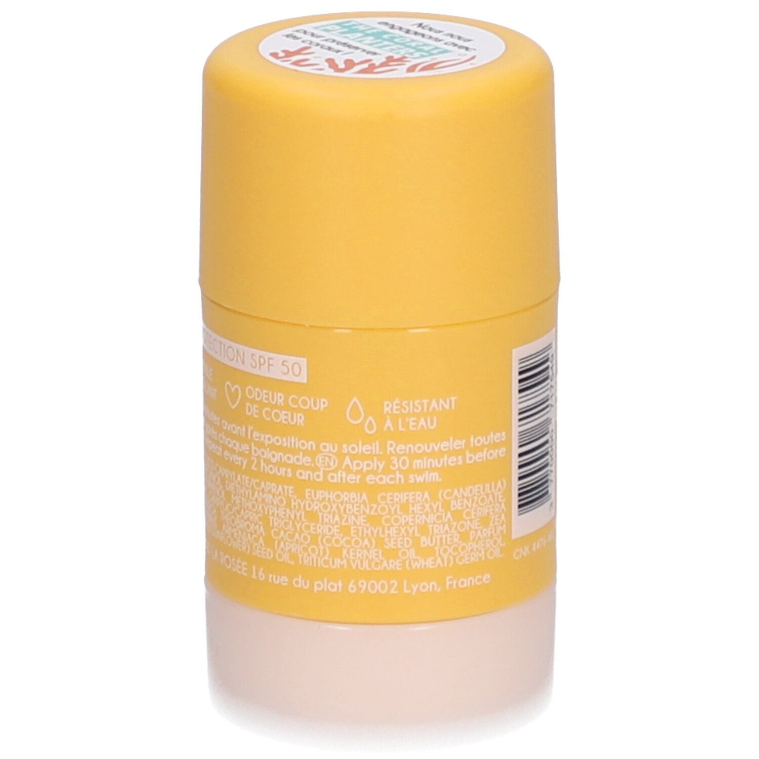 Stick solaire La Rosée SPF 50. Bâton jaune avec base blanche. Texte: Résistant à l'eau, coeur de coeur.