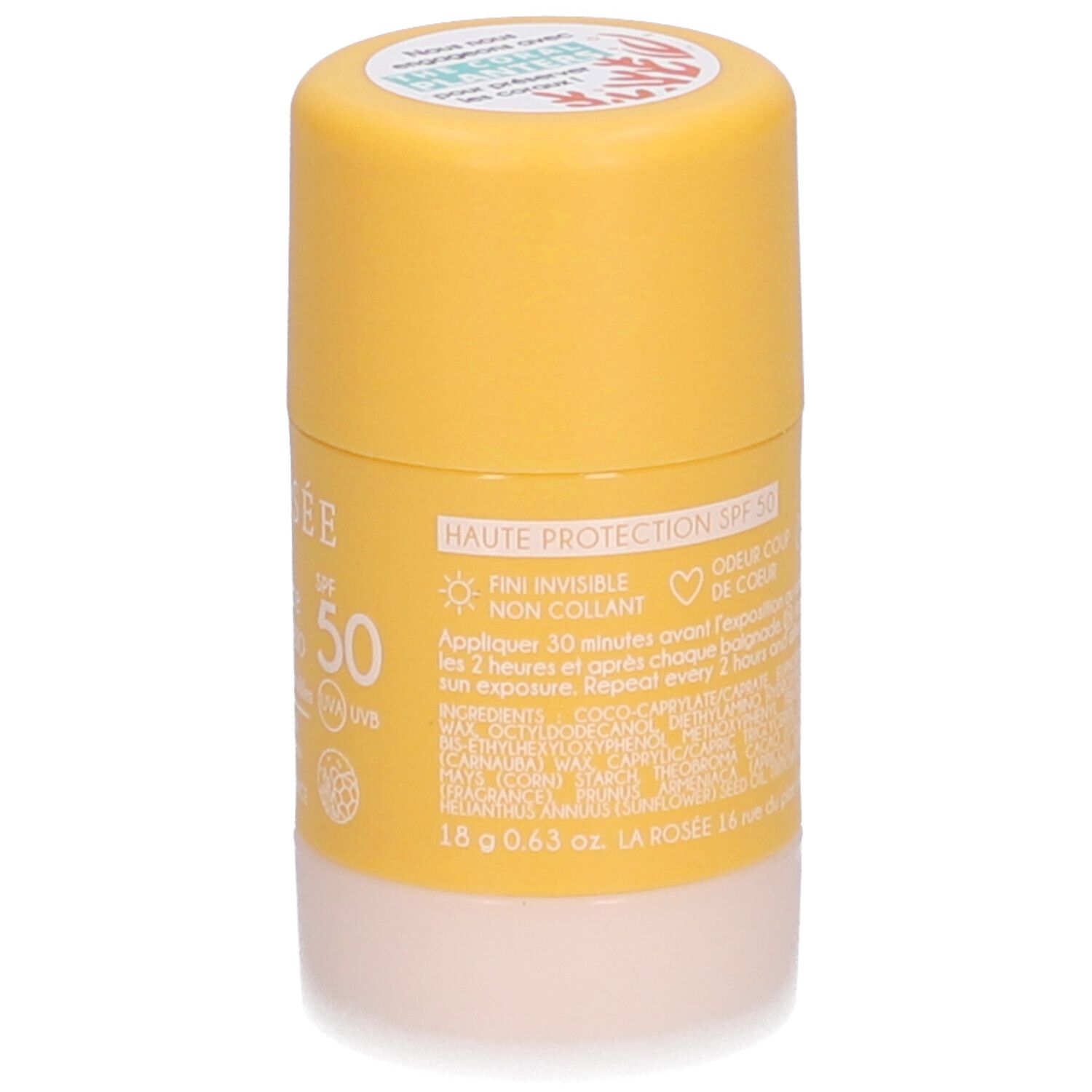 Stick solaire La Rosée SPF 50. Bâton jaune avec base blanche. Texte: Haute protection SPF 50, 18 g 0.63 oz.