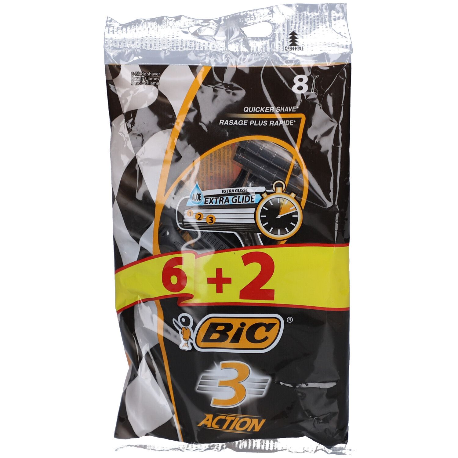 Paquet de rasoirs. Inscription "6+2" et "BiC 3 Action". Motif damier et touches d'orange.