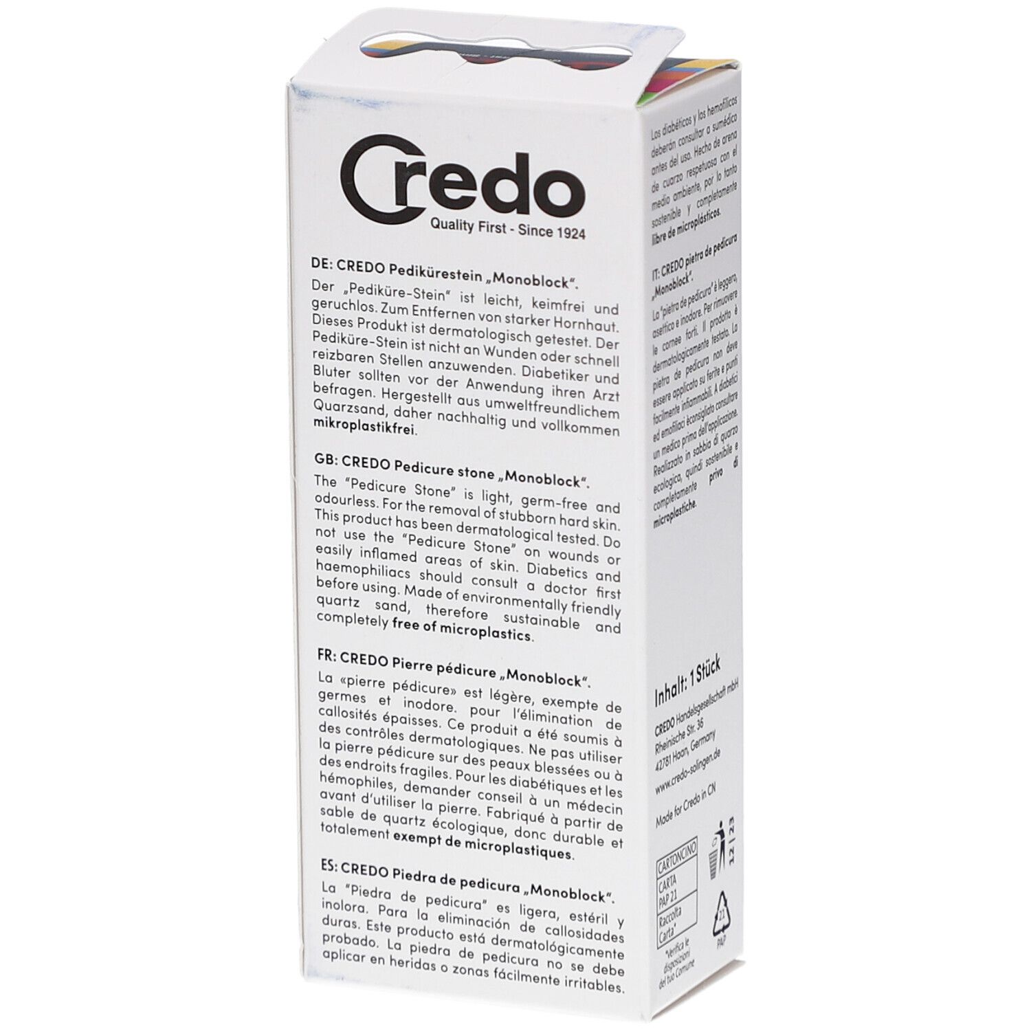 Verpakking met meertalige tekst. Merk Credo. Tekst: Pedicuresteen, Monoblock, Microplasticvrij. FSC-label.