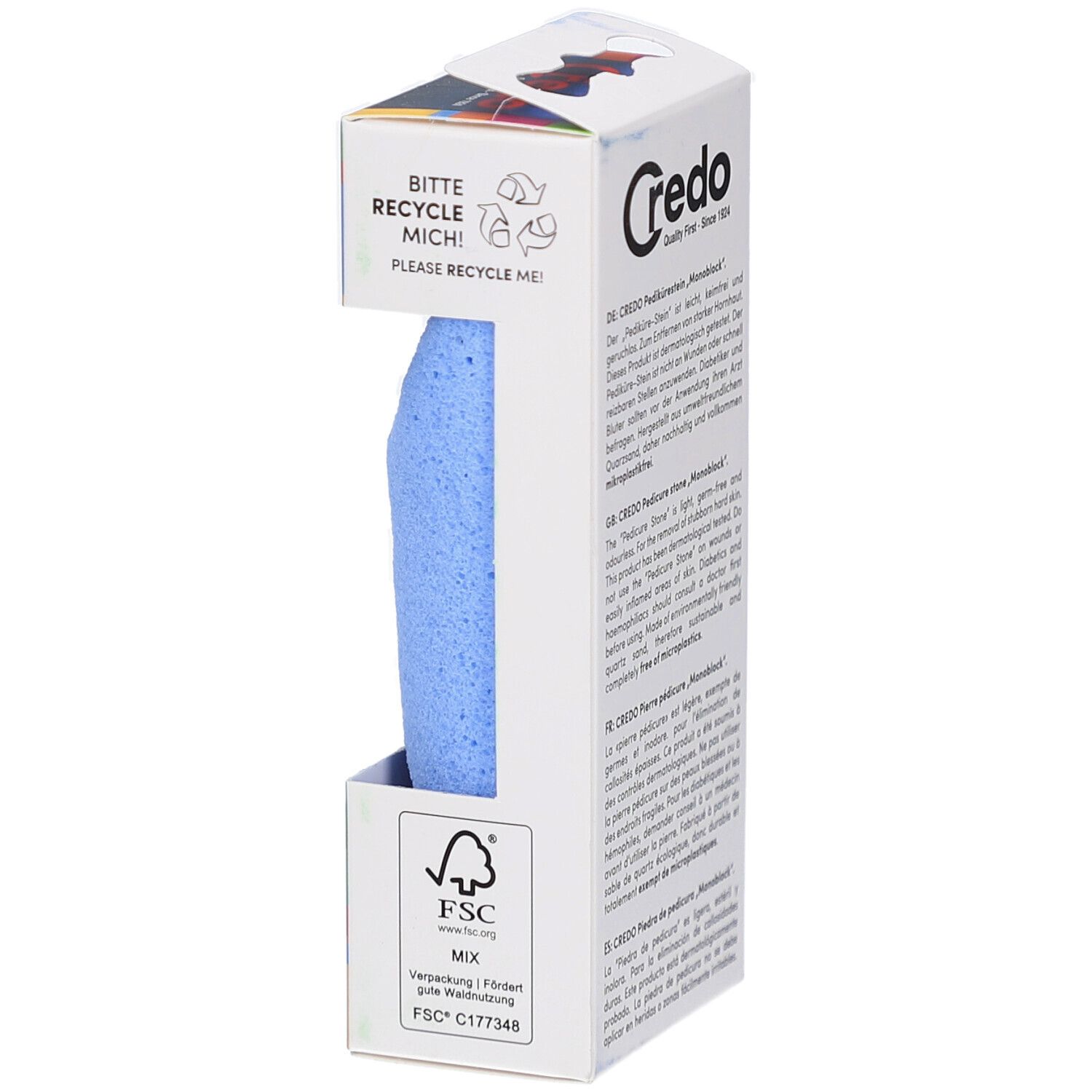 Verpakking met blauwe puimsteen. Merk Credo. Tekst: Gelieve te recyclen! FSC-label.