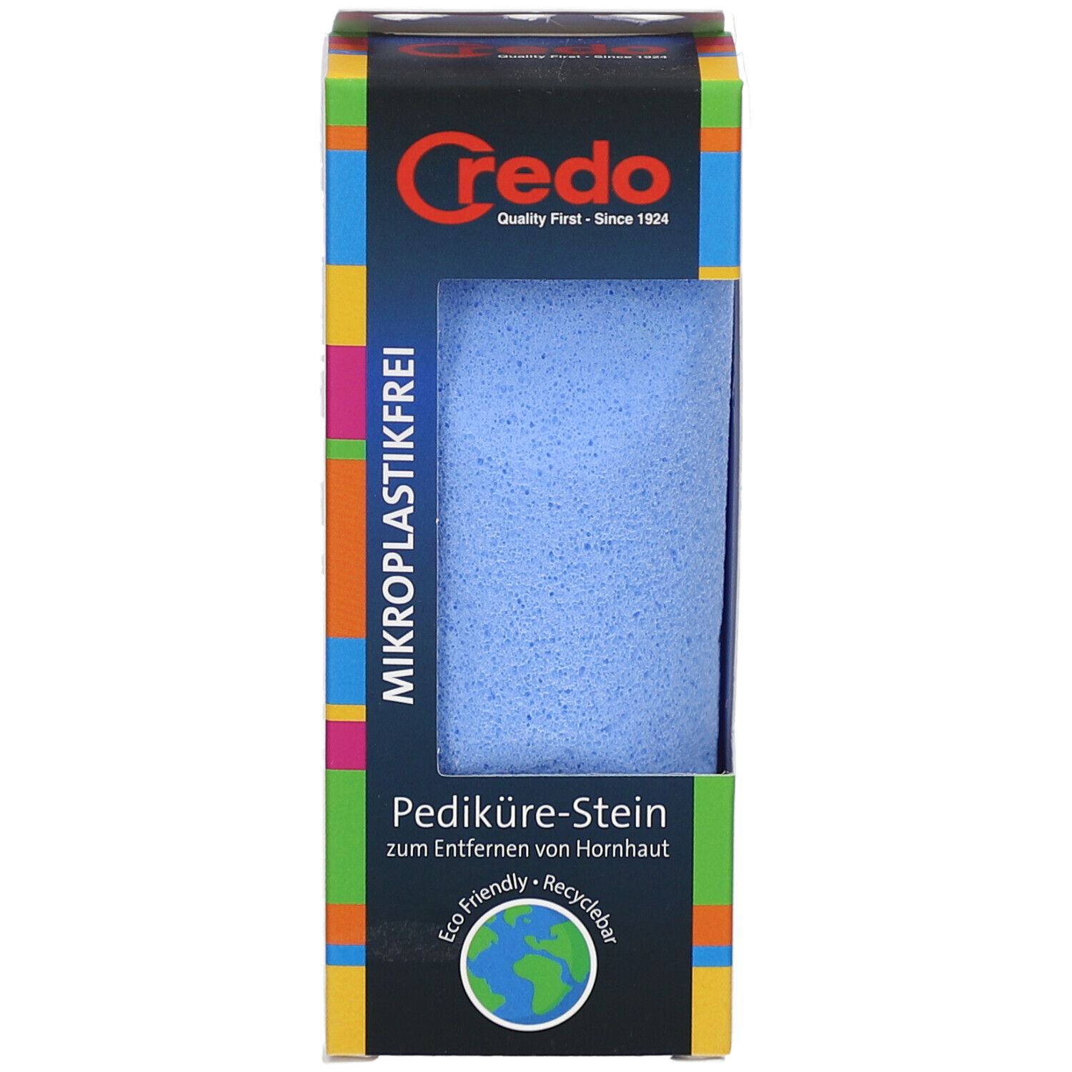 Blauwe puimsteen in verpakking. Merk Credo. Tekst: Microplasticvrij, Pedicuresteen, Eco Friendly, Recyclebaar.