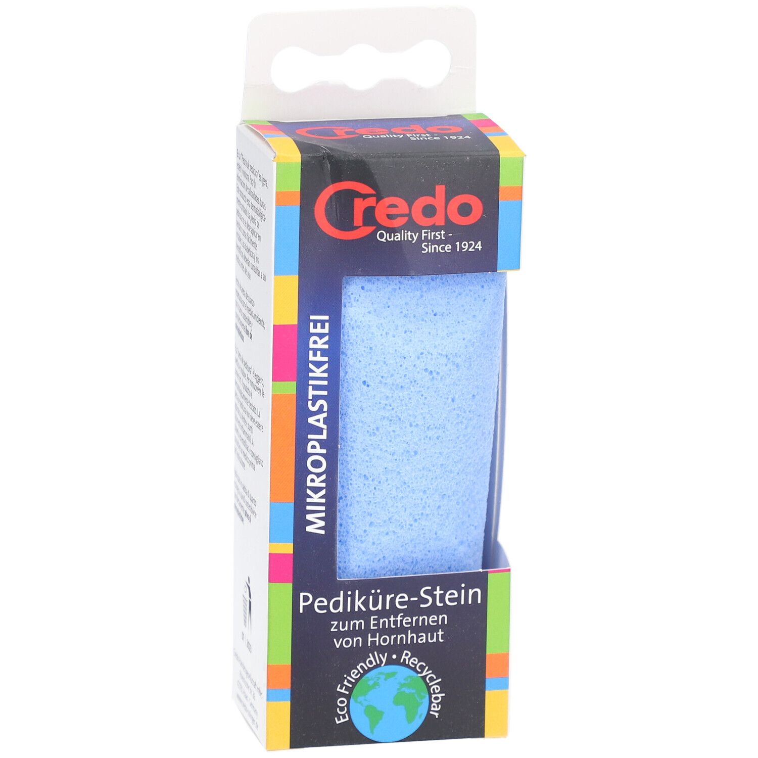 Blauwe puimsteen in verpakking. Merk Credo. Tekst: Microplasticvrij, Pedicuresteen, Eco Friendly, Recyclebaar.