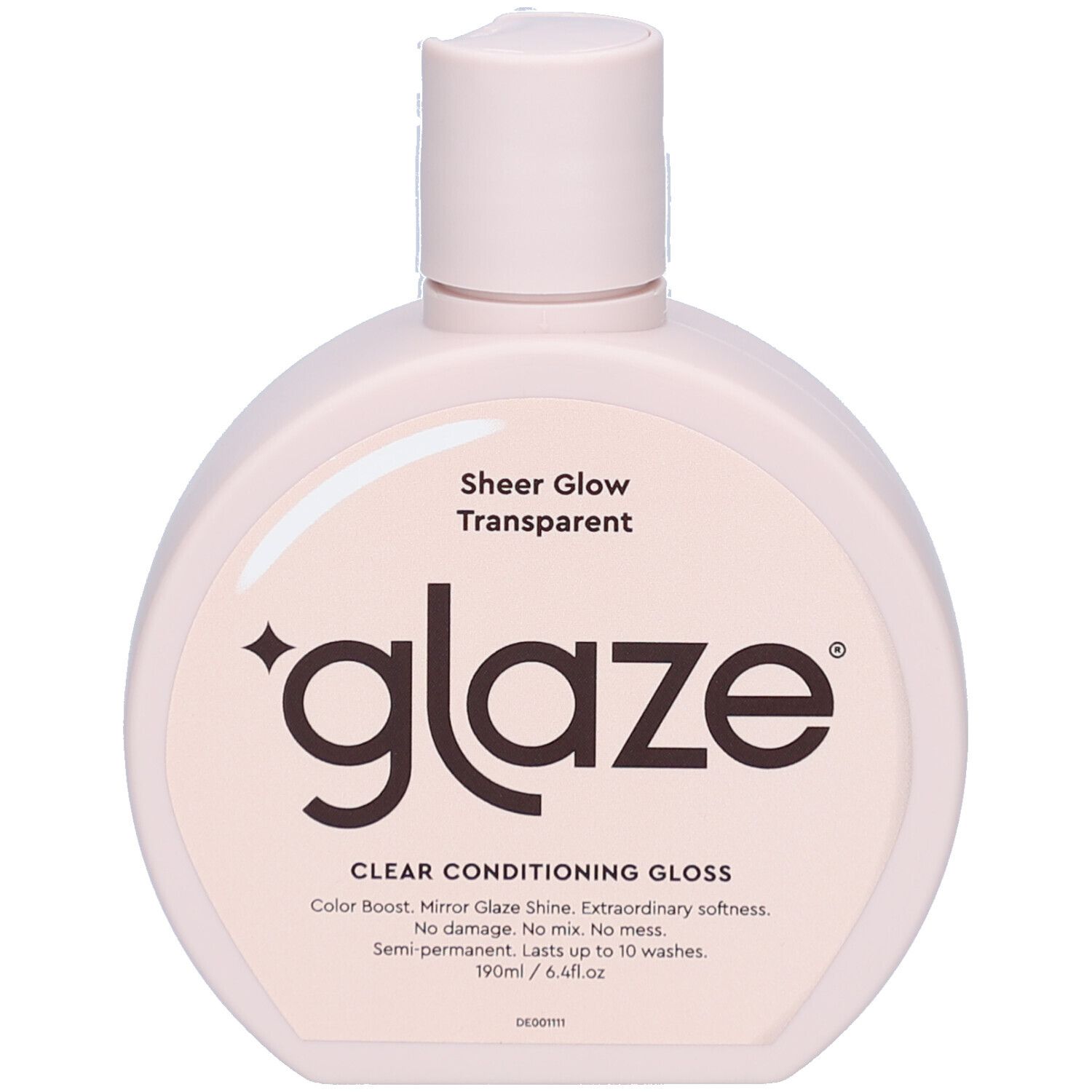 Roze fles met witte dop. Opschrift 'glaze' en 'Sheer Glow Transparent'. Tekst: 'CLEAR CONDITIONING GLOSS'.