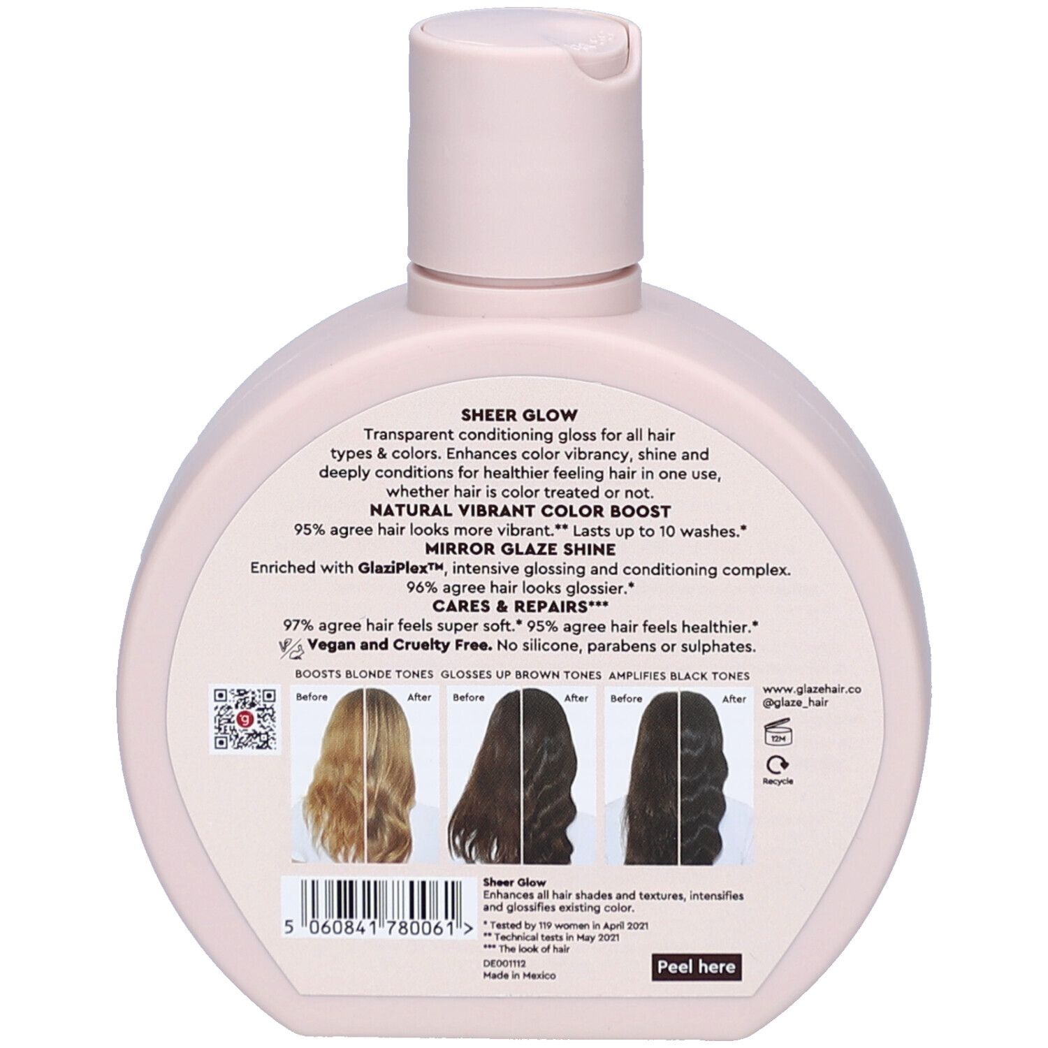 Achterkant van de fles. Tekst: 'Sheer Glow', 'NATURAL VIBRANT COLOR BOOST', 'MIRROR GLAZE SHINE', 'CARES & REPAIRS'. Afbeeldingen van haar.