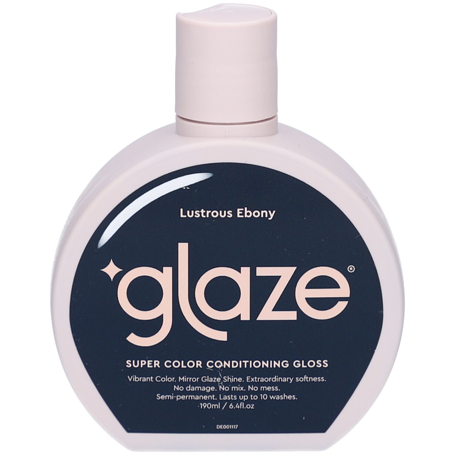 Ronde fles, roze dop. Zwart etiket met witte tekst 'glaze' en productinfo. 'Lustrous Ebony' en 'SUPER COLOR CONDITIONING GLOSS'.