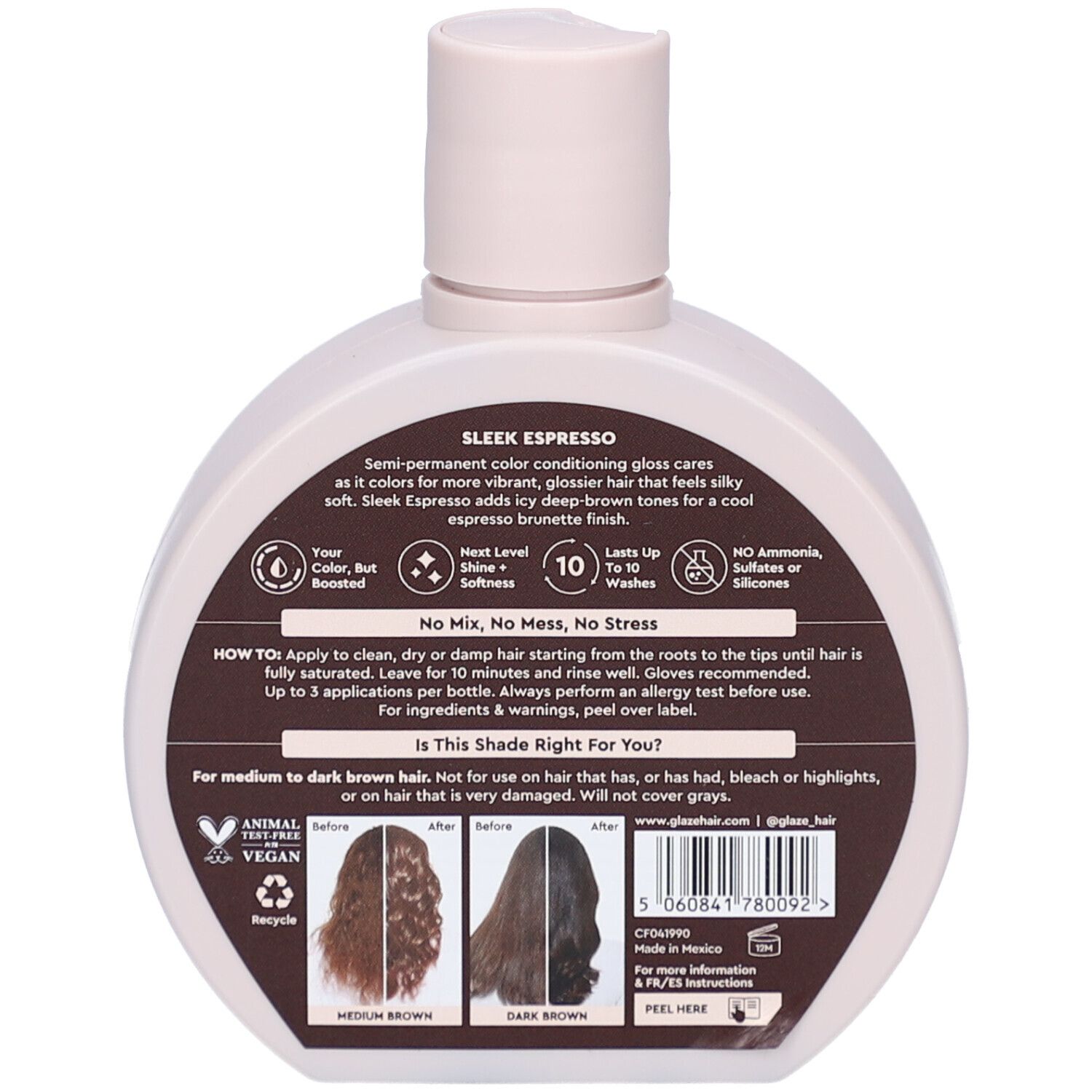 Achterkant van de fles kleurverdiepende gloss. Tekst en illustraties. Tint Sleek Espresso. Vegan-zegel.