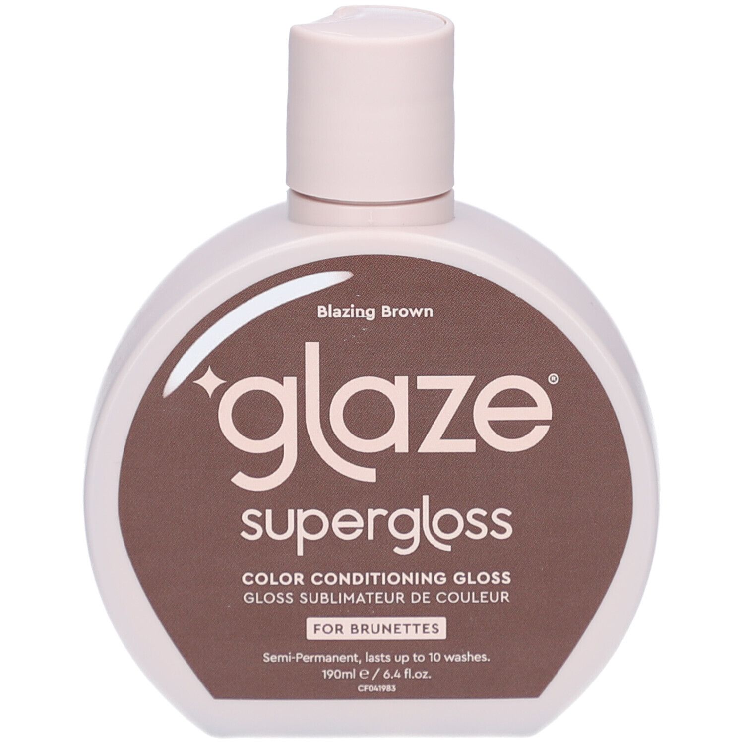 Ronde fles met bruin etiket. Opschrift: "glaze supergloss". "Blazing Brown" en "For Brunettes".