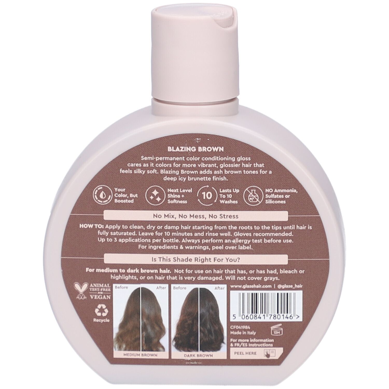 Achterkant van de fles. Tekst: "Blazing Brown". Informatie over gebruik en ingrediënten. Vegan logo.