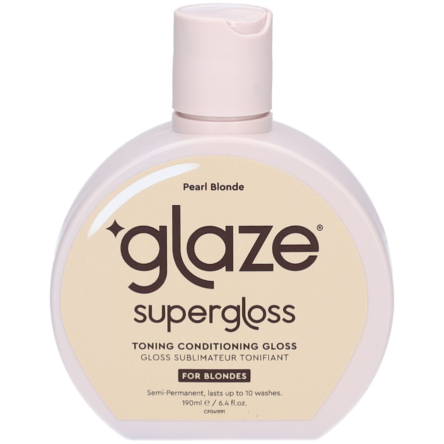 Flacon rond, bouchon blanc. Inscription 'glaze supergloss' et 'Pearl Blonde'. Pour cheveux blonds.