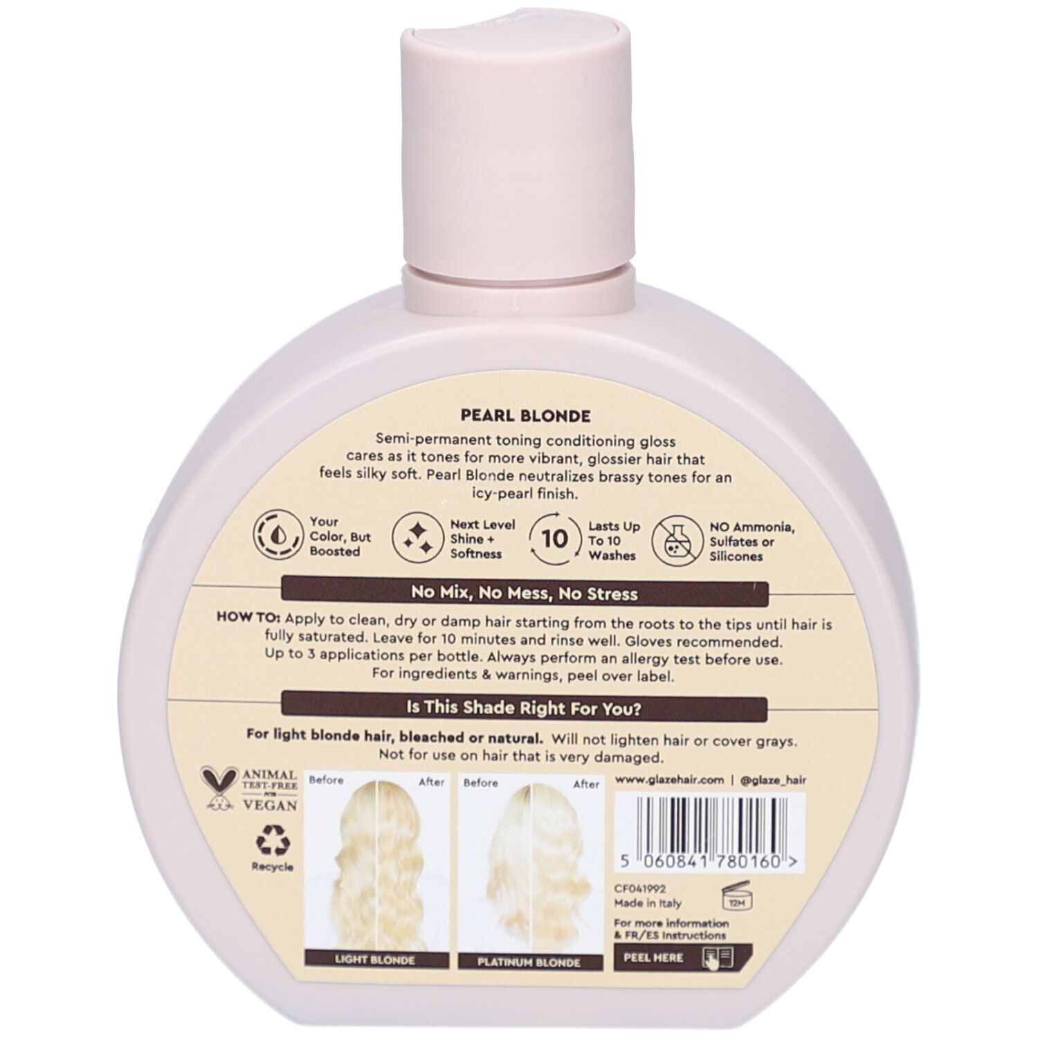 Dos du flacon. Texte: 'Pearl Blonde', 'No Ammonia, Sulfates or Silicones'. Illustrations de couleurs de cheveux.