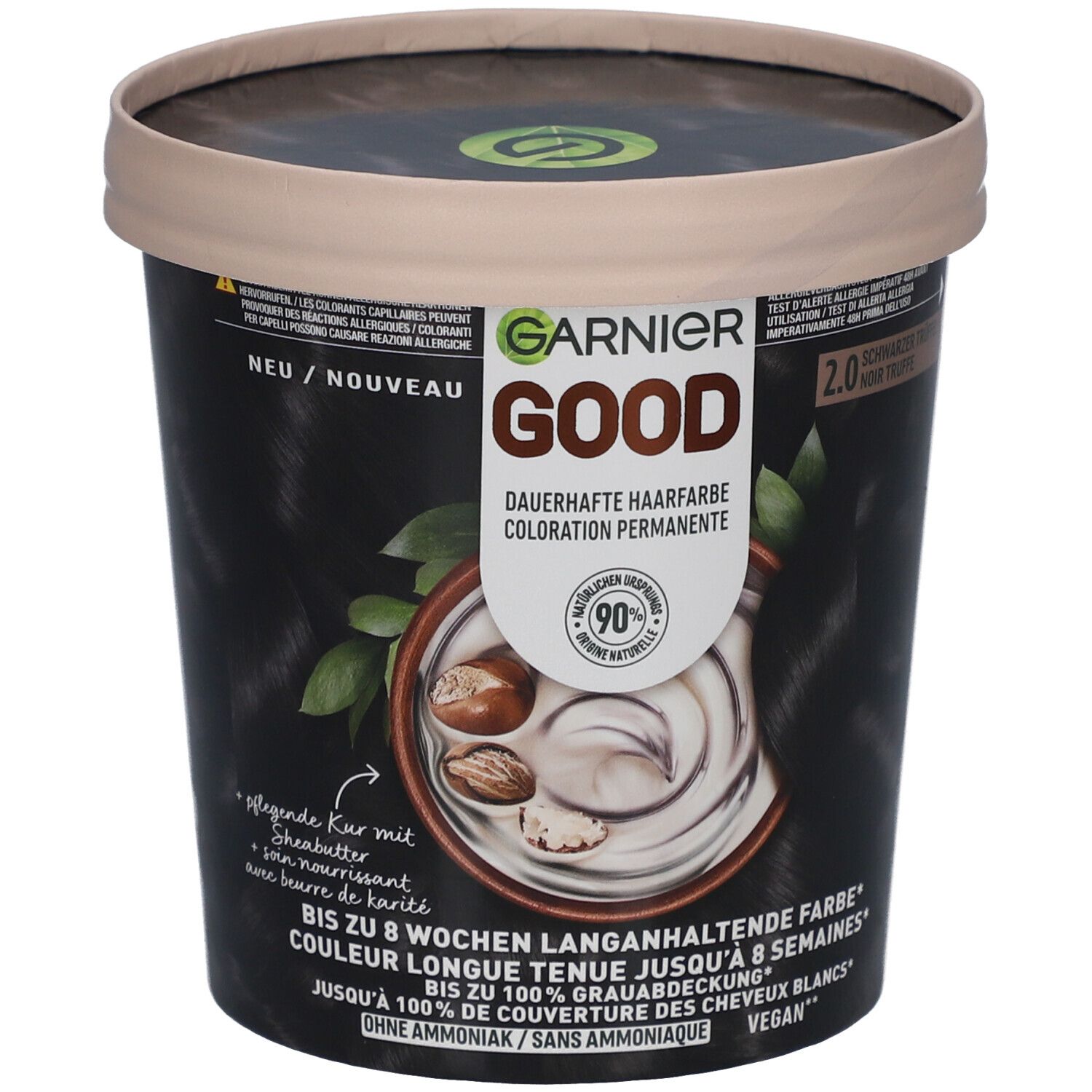 Haarkleuring GARNIER GOOD 2.0 Zwarte Truffel. Zwarte verpakking met productafbeelding en tekst. Vegan, zonder ammoniak.
