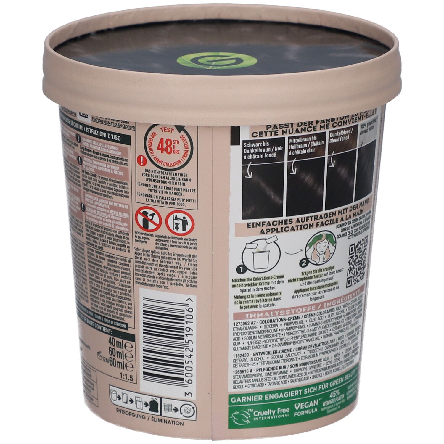 Achterkant van de haarkleurverpakking. Tekst en illustraties. Barcode, ingrediënten, gebruiksaanwijzing.