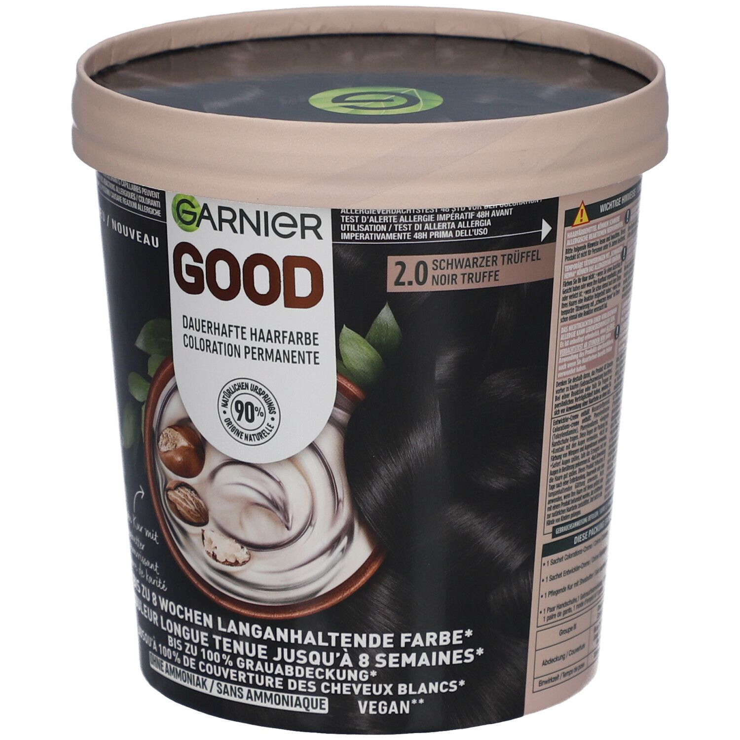 Haarkleuring GARNIER GOOD 2.0 Zwarte Truffel. Zwarte verpakking met productafbeelding en tekst. Vegan, zonder ammoniak.