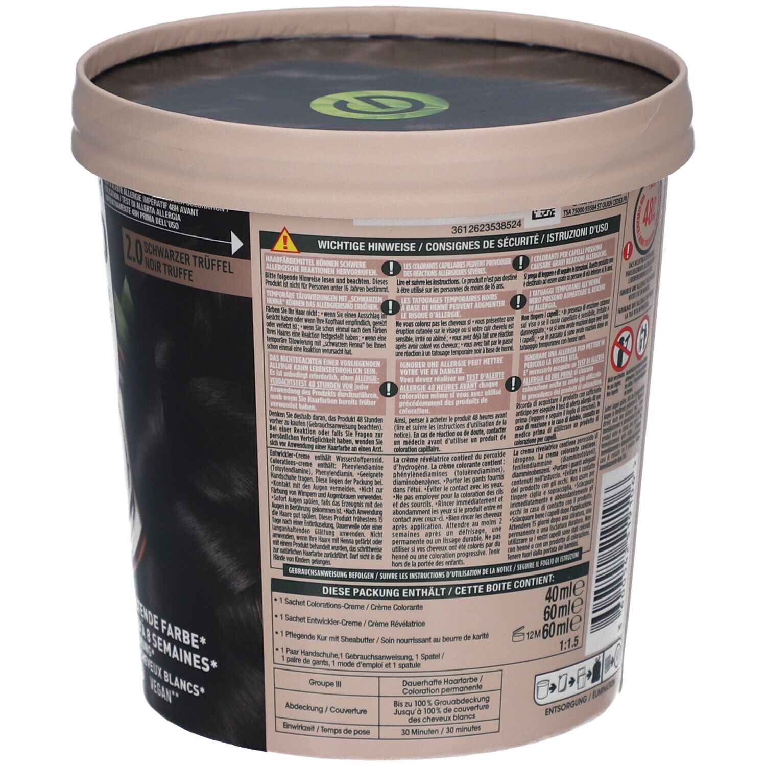 Achterkant van de haarkleurverpakking. Tekst en illustraties. Ingrediënten, gebruiksaanwijzing, waarschuwingen.