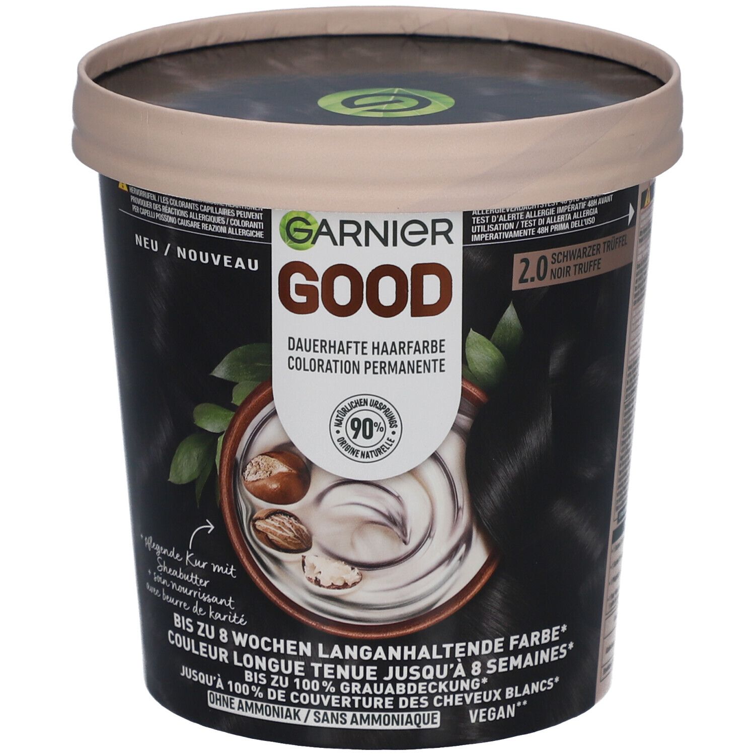 Haarkleuring GARNIER GOOD 2.0 Zwarte Truffel. Zwarte verpakking met productafbeelding en tekst. Vegan, zonder ammoniak.