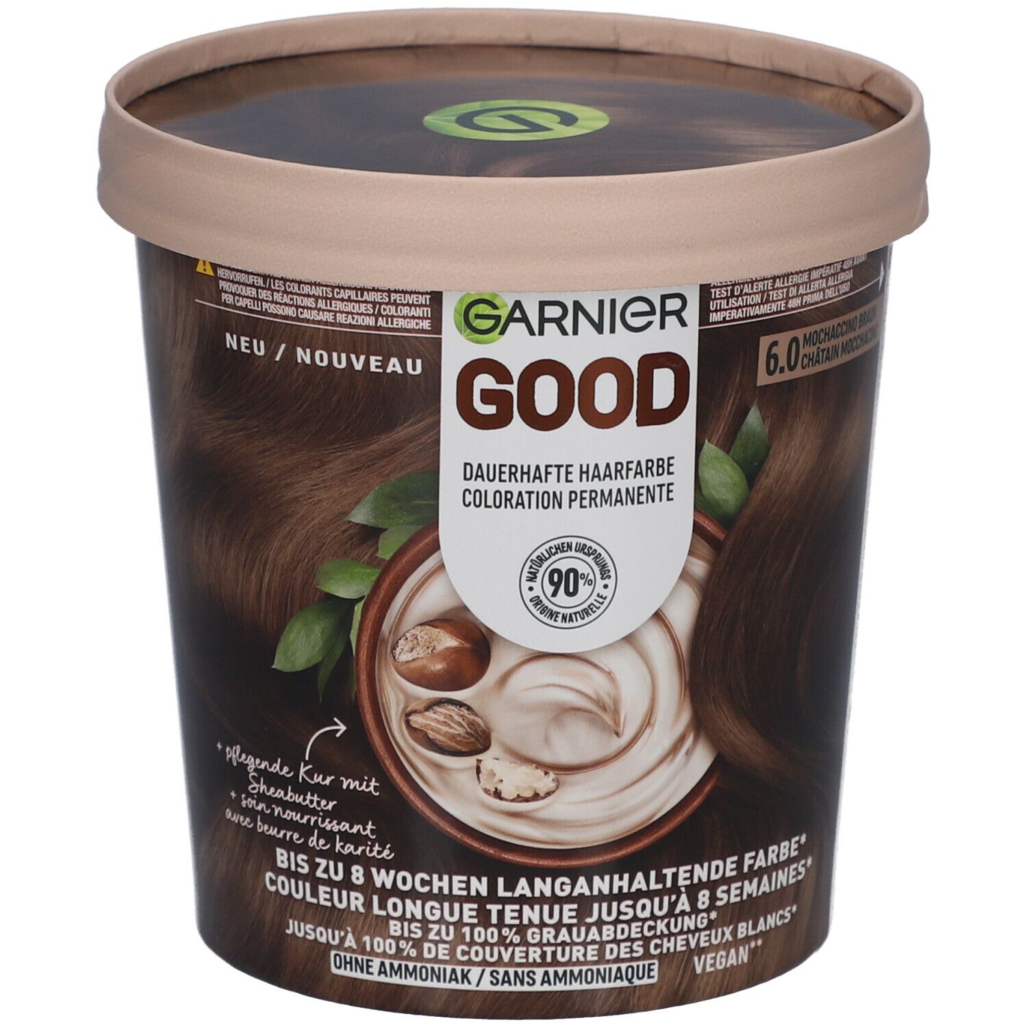 Garnier Good haarkleur 6.0 Moccaccino Braun. Verpakking met productafbeelding, ingrediënten en merklogo.