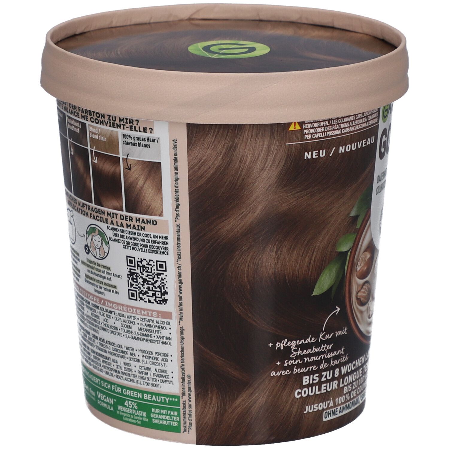 Garnier Good haarkleur, achterkant van de verpakking. Bevat informatie over ingrediënten, gebruik en resultaten.