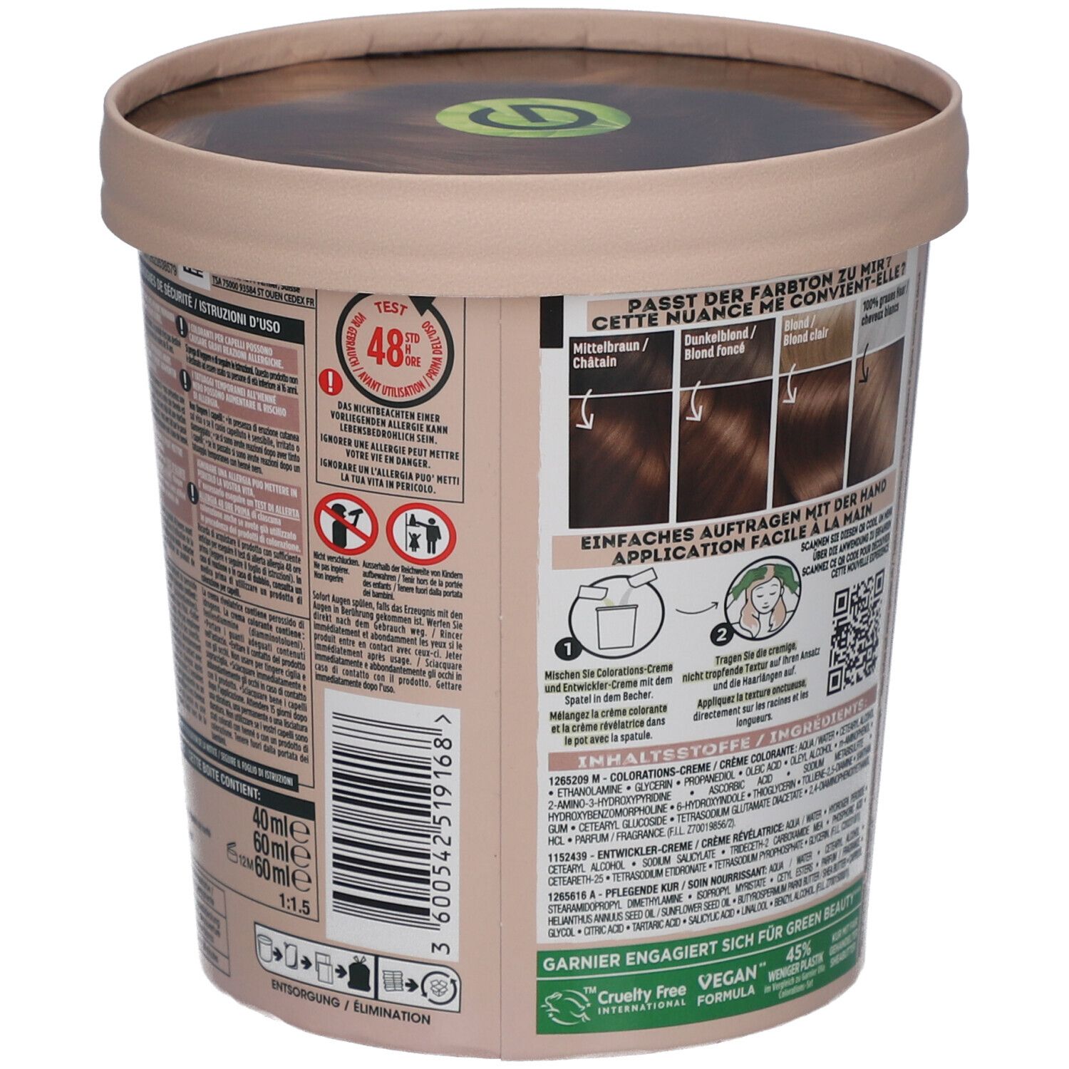 Garnier Good haarkleur, verpakking met gebruiksaanwijzing en resultaten. Bevat informatie over de toepassing.